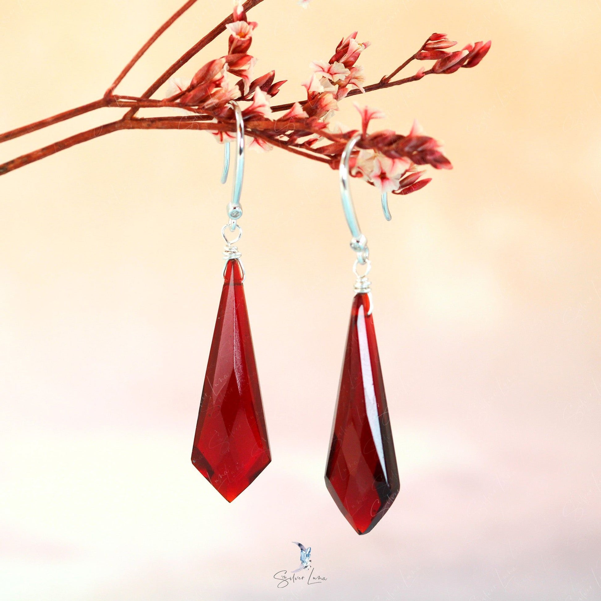 diamond red garnet dangle drop earrings