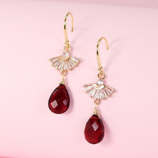 Teardrop red garnet and fan earrings