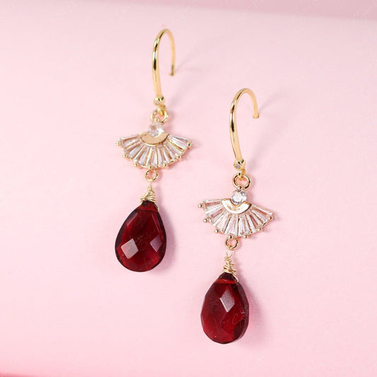 Teardrop red garnet and fan dangle drop earrings