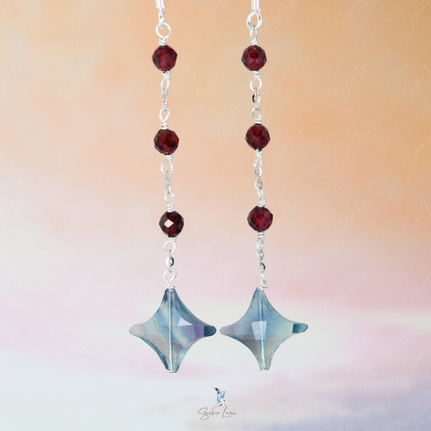 Fluorite star and red garnet beads cascade drop earrings