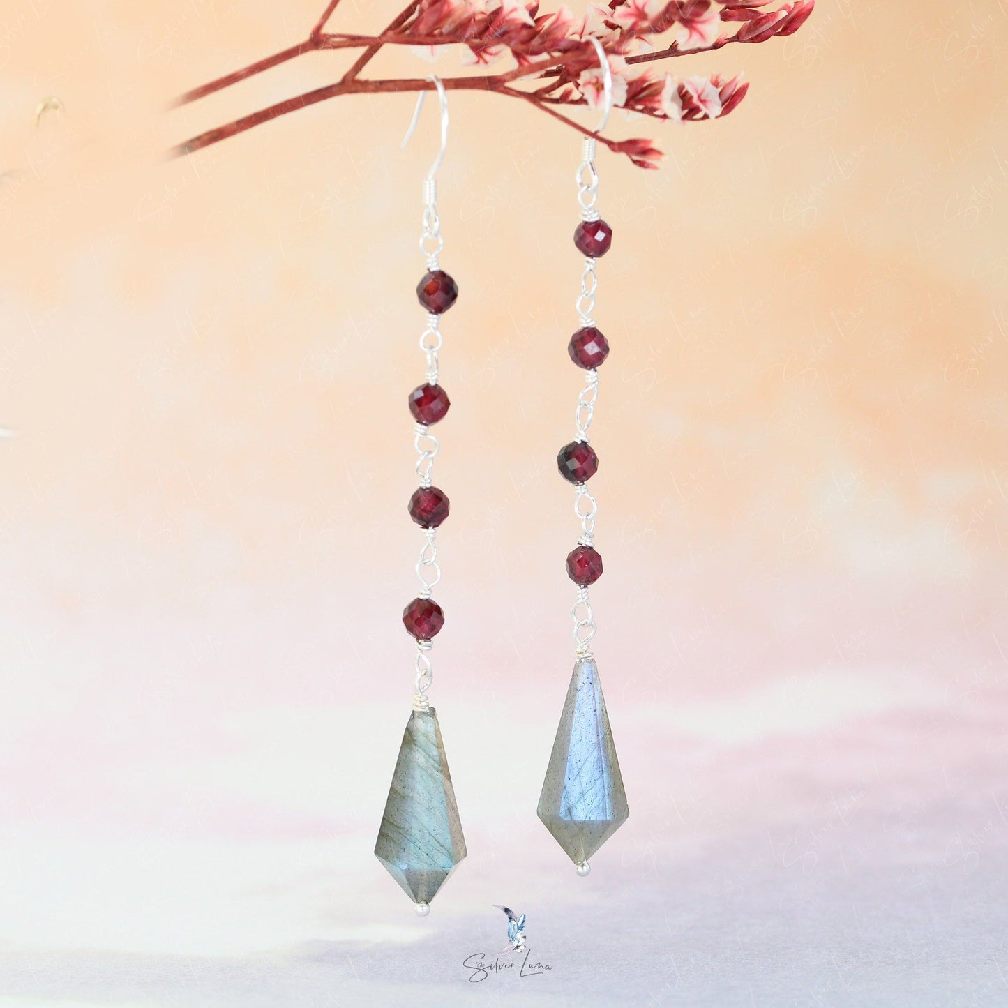Diamond shape Labradorite and red garnet handmade earrings
