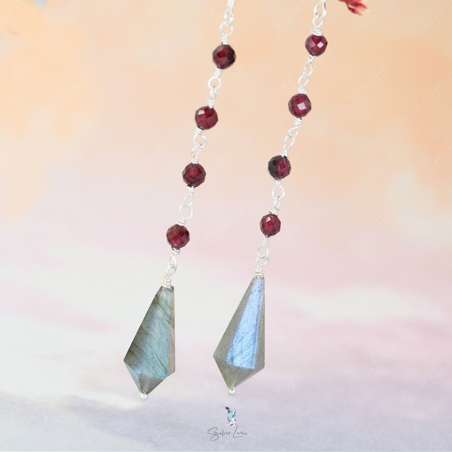 diamond shape labradorite red garnet drop earrings