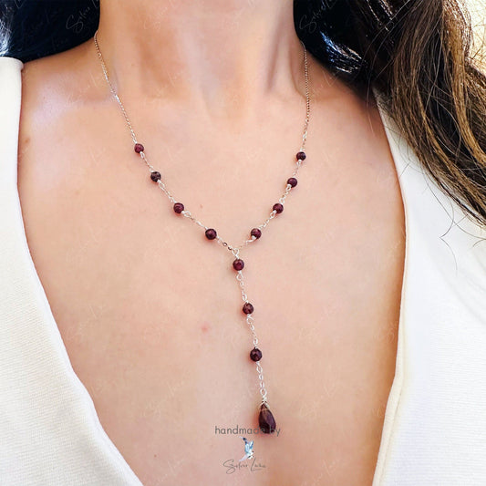 red garnet beads teardrop lariat Y necklace