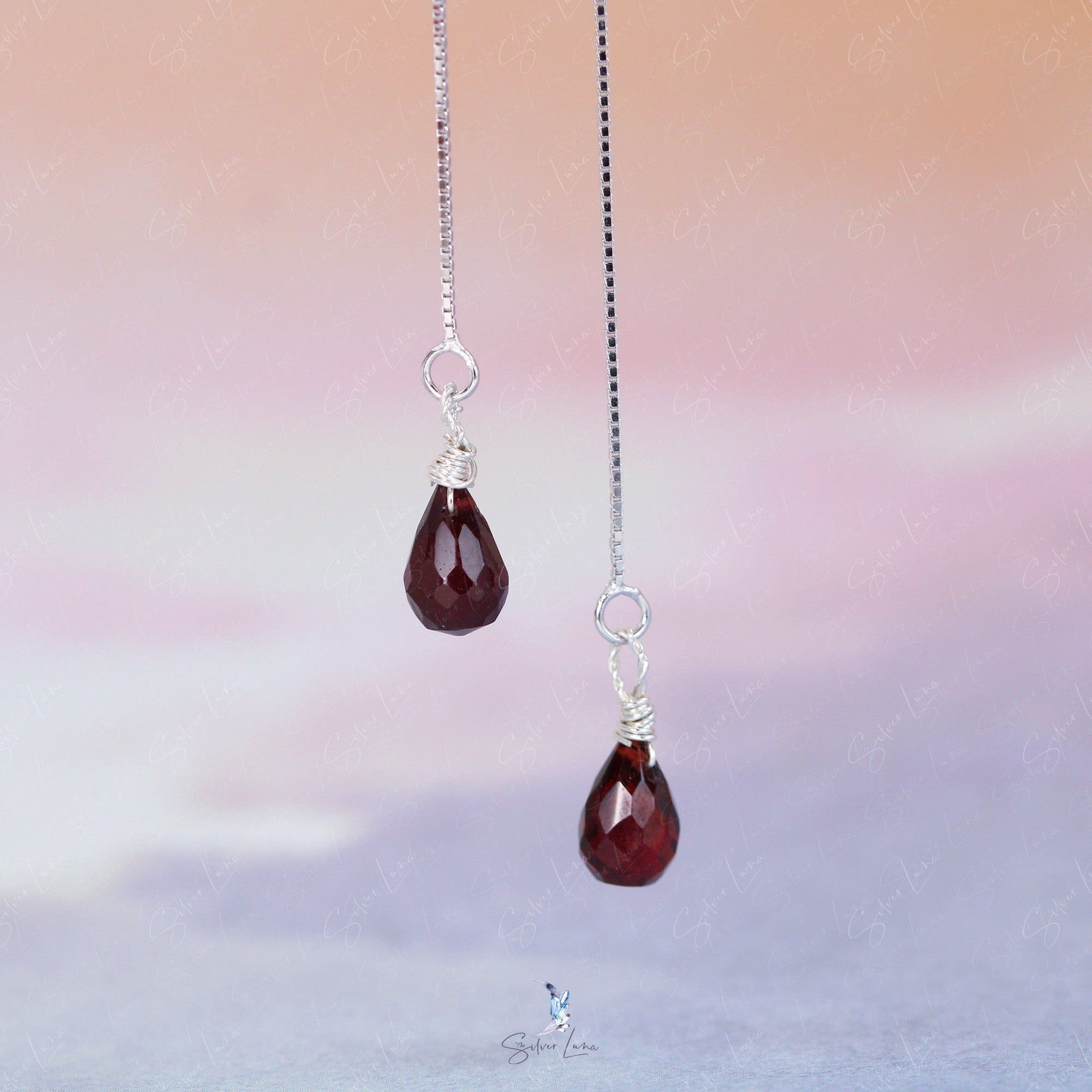 red garnet teardrop ear threaders