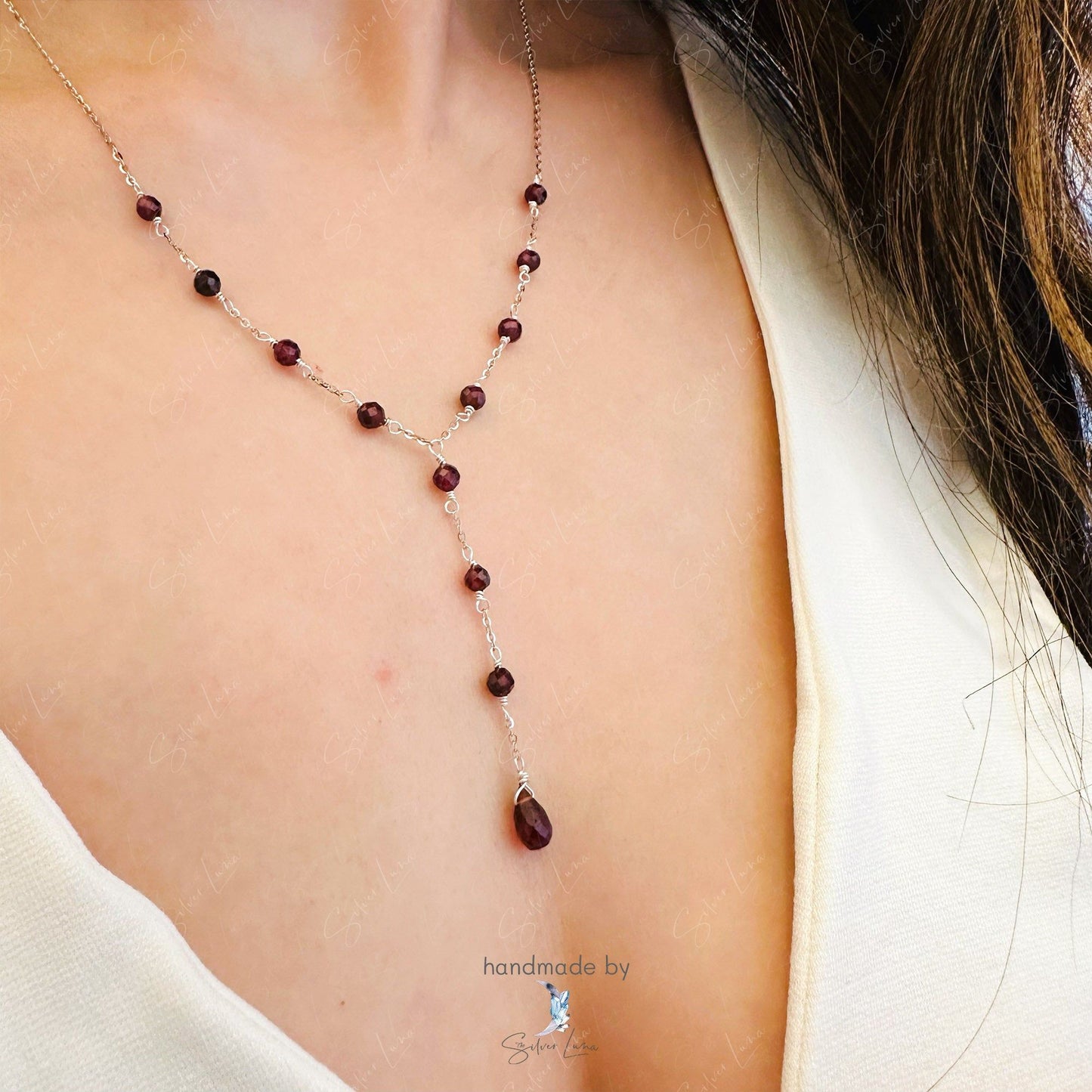 red garnet bead teardrop Y lariat pendant necklace