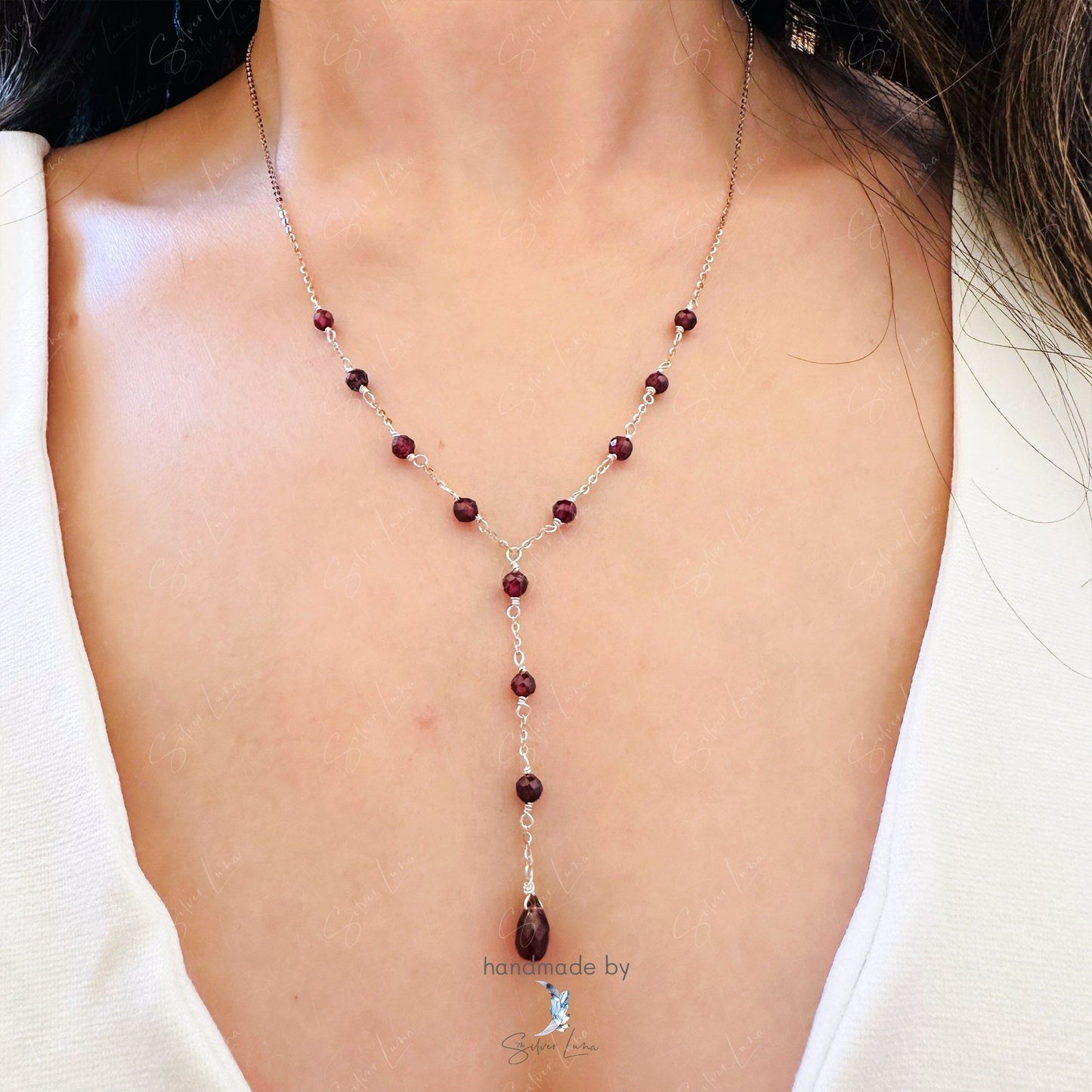 red garnet bead teardrop y lariat pendant necklace