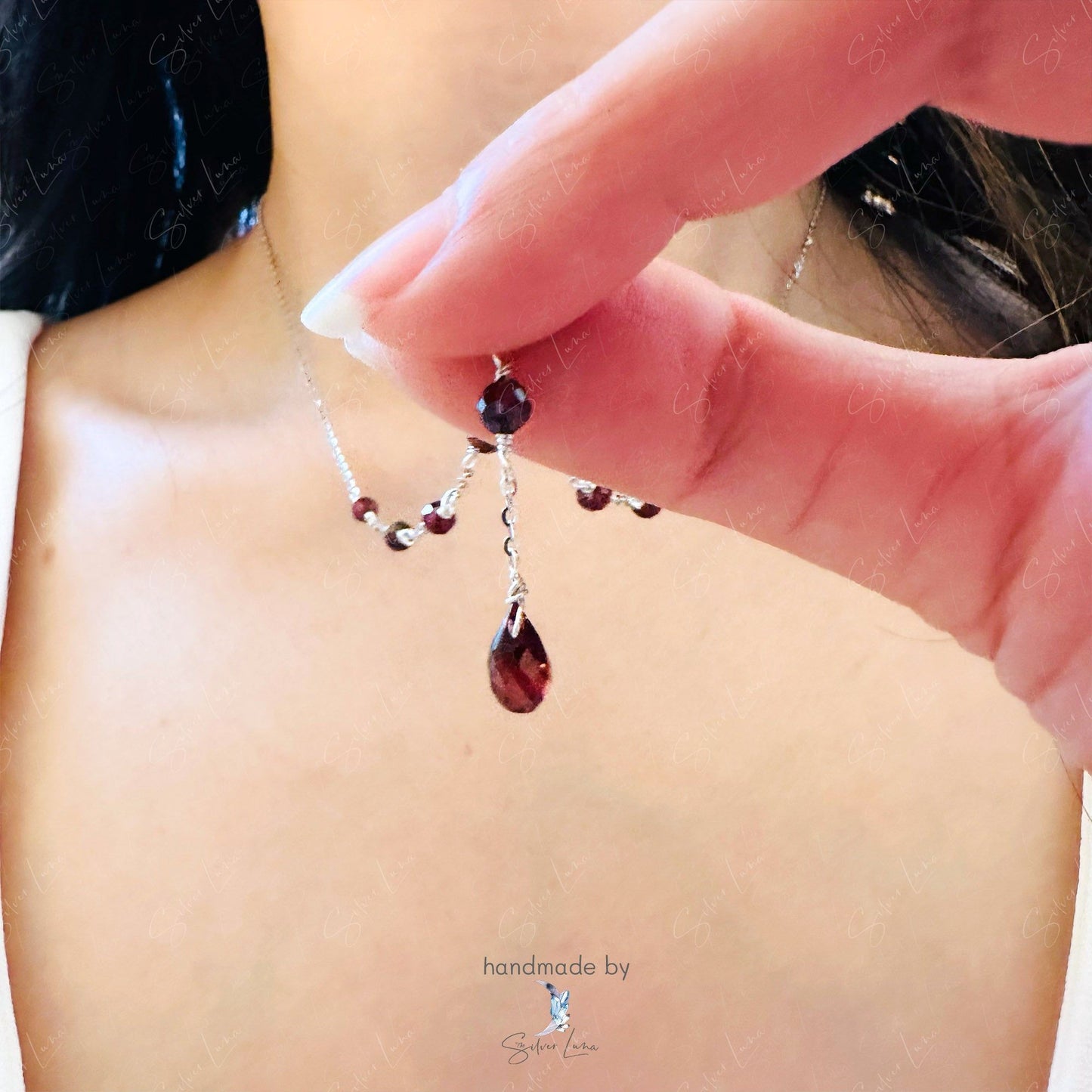 teardrop red garnet Lariat pendant necklace