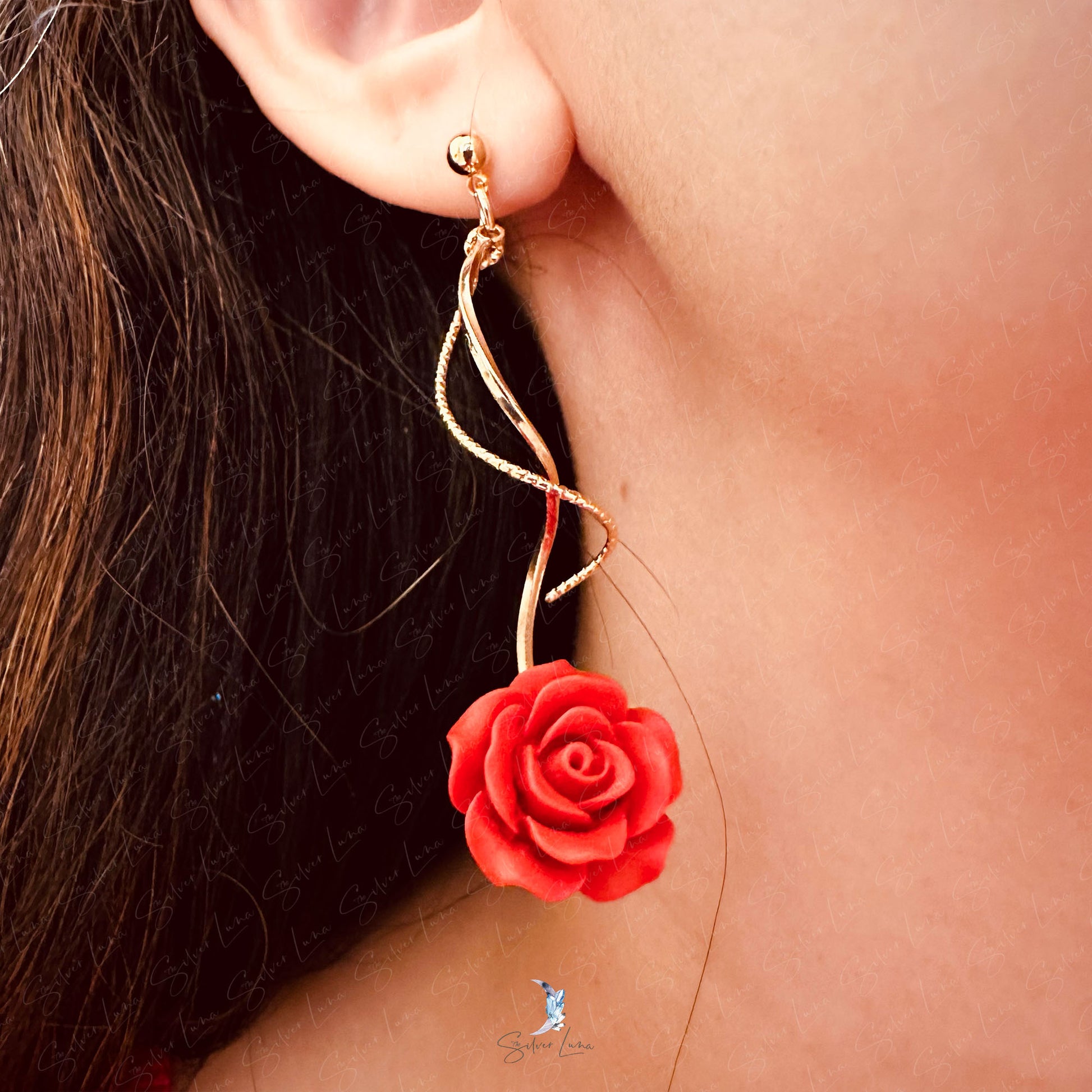 red rose dangle drop earrings