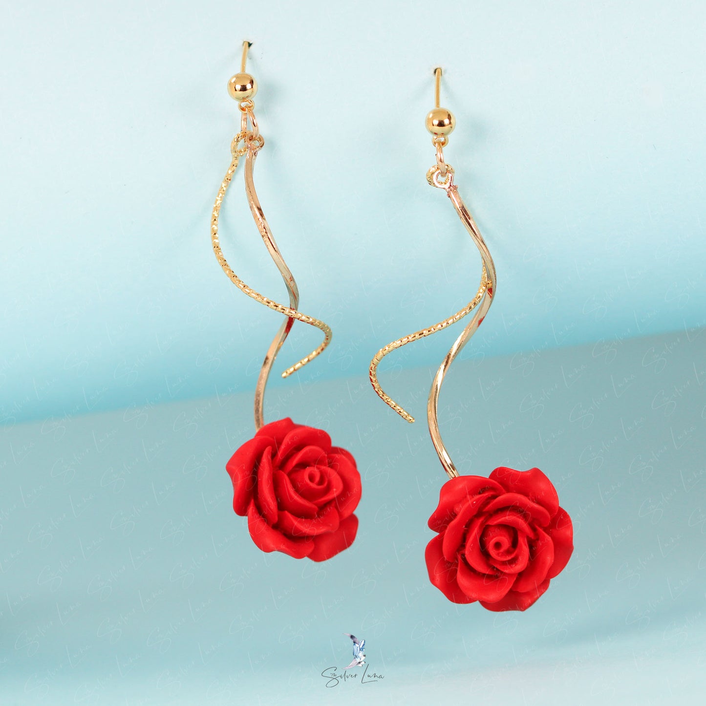 red rose dangle drop earrings