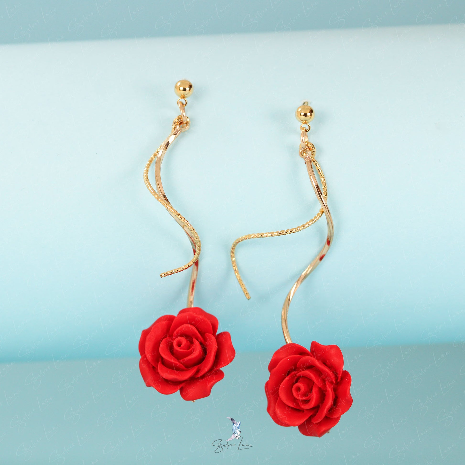 red rose dangle drop earrings