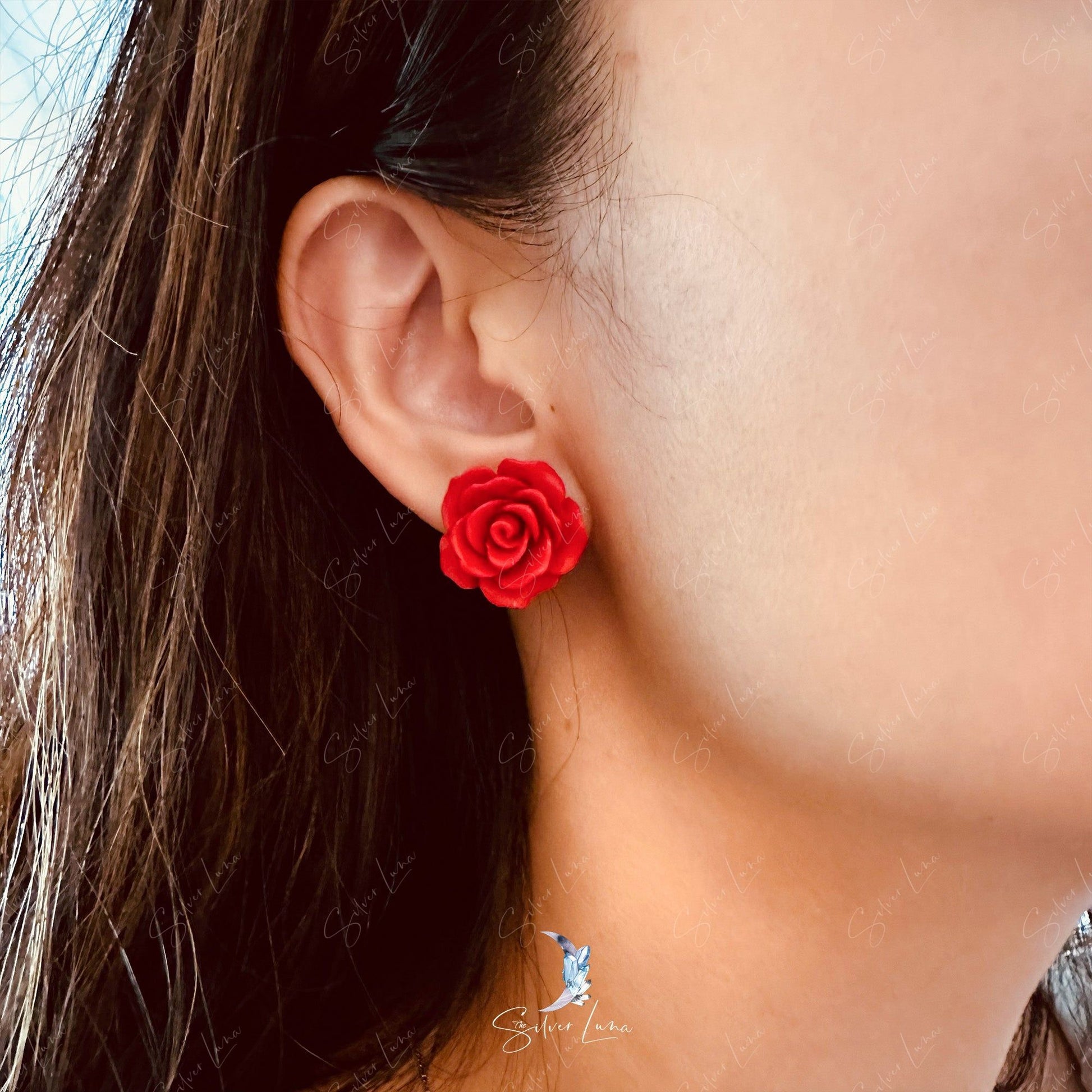 red rose flower stud earrings