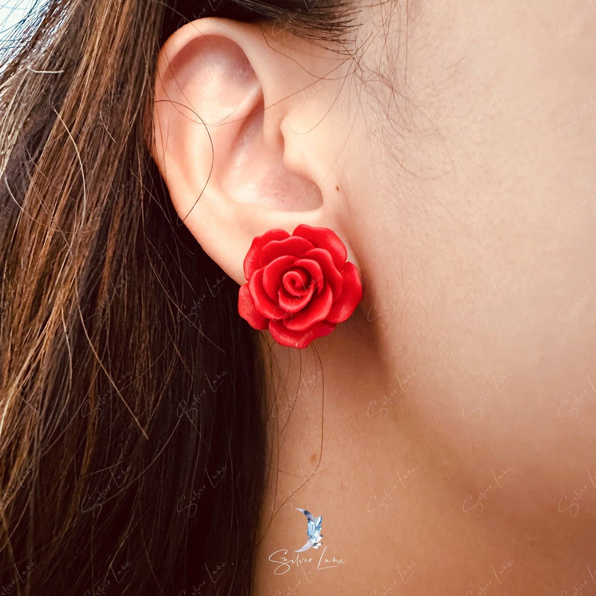 red rose flower stud earrings