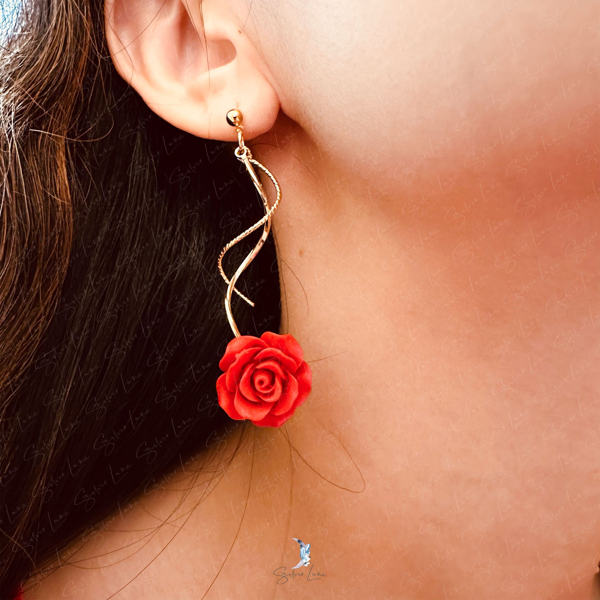 red rose dangle drop earrings