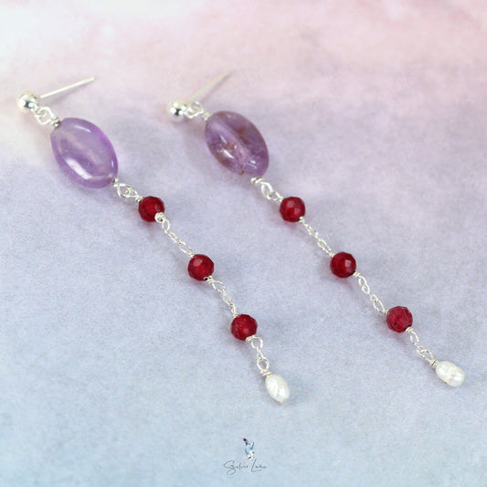 purple quartz red ruby pearl drop earrings