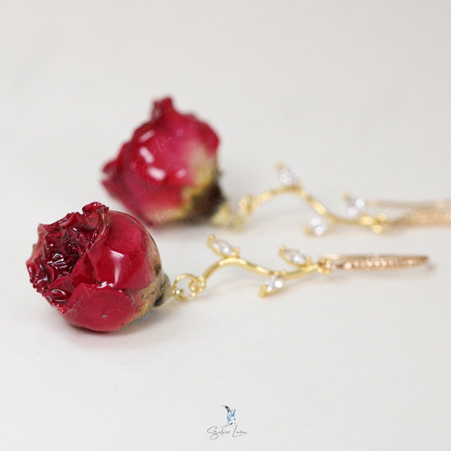 real rose flower gold plated earrings