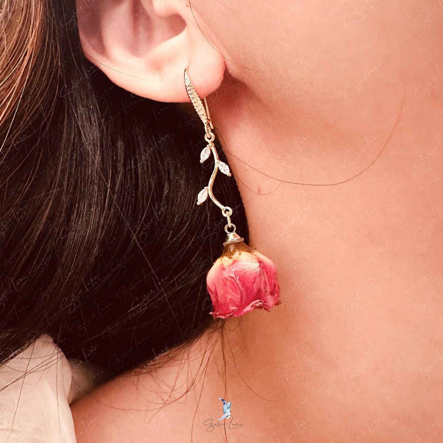 real rose flower earrings
