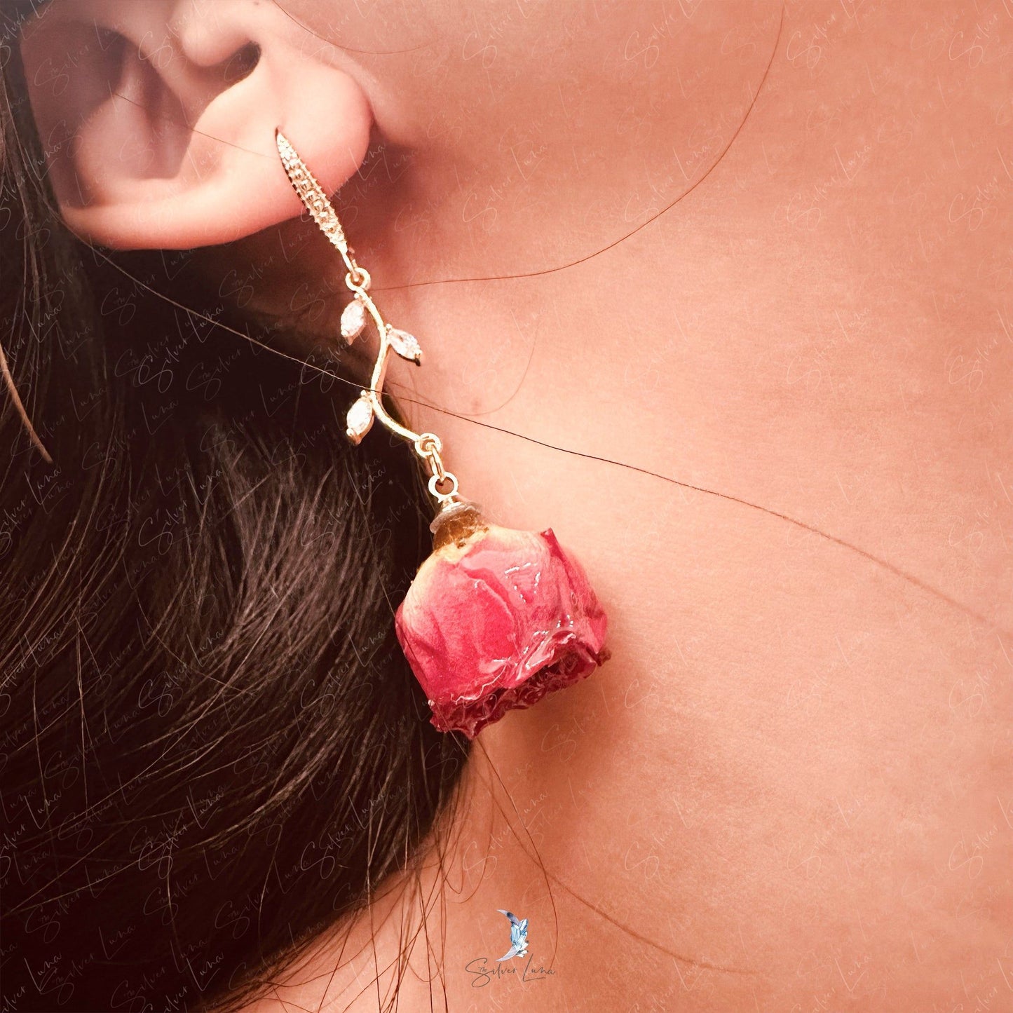 real rose flower gold plated earrings