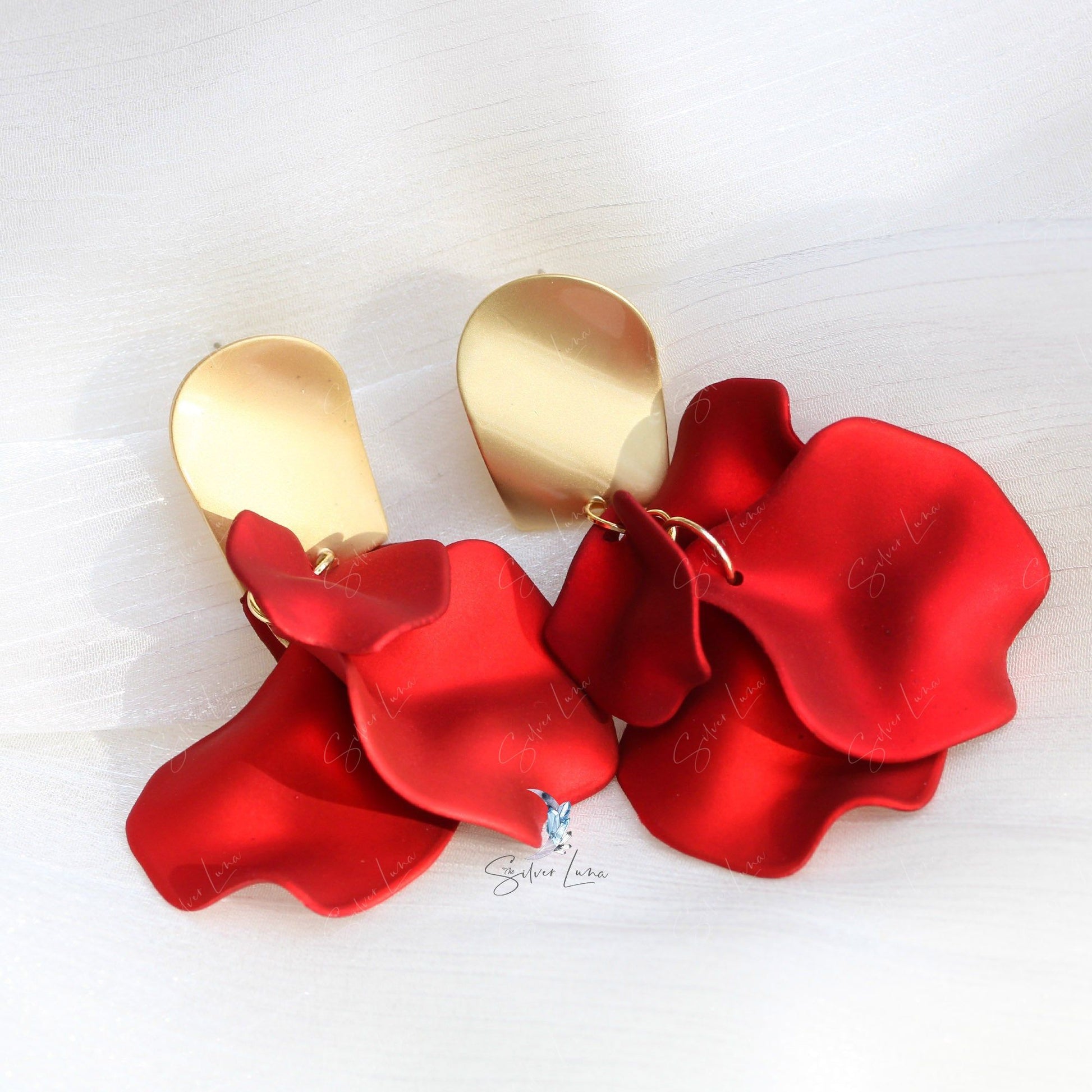 red rose petal dangle earrings