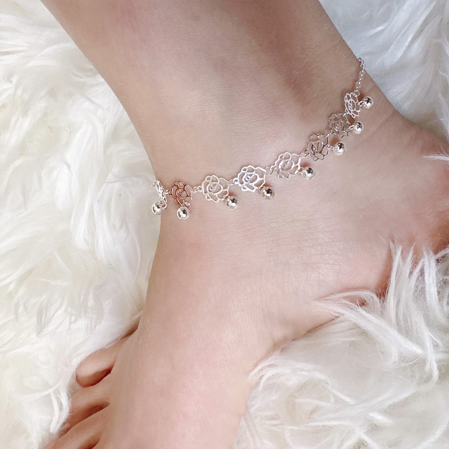 rose  bell charm sterling silver anklet