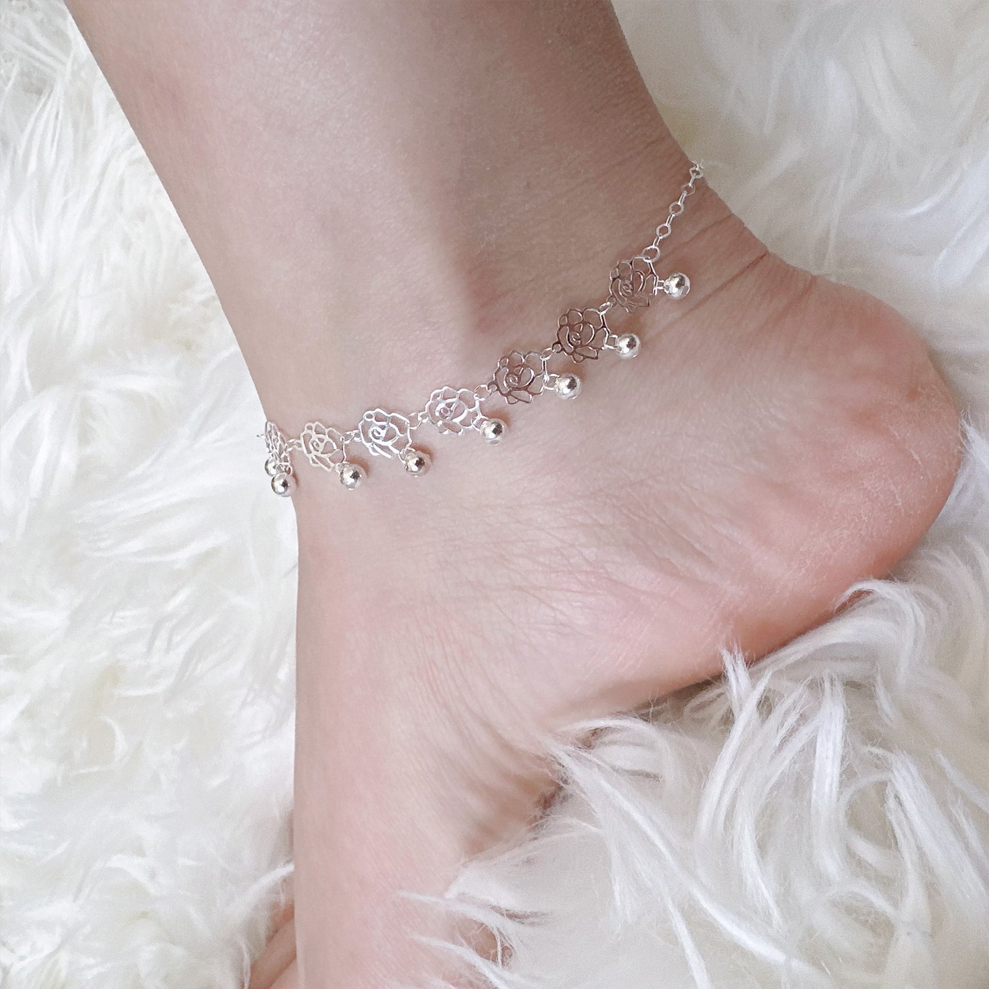 rose ball charms sterling silver anklet