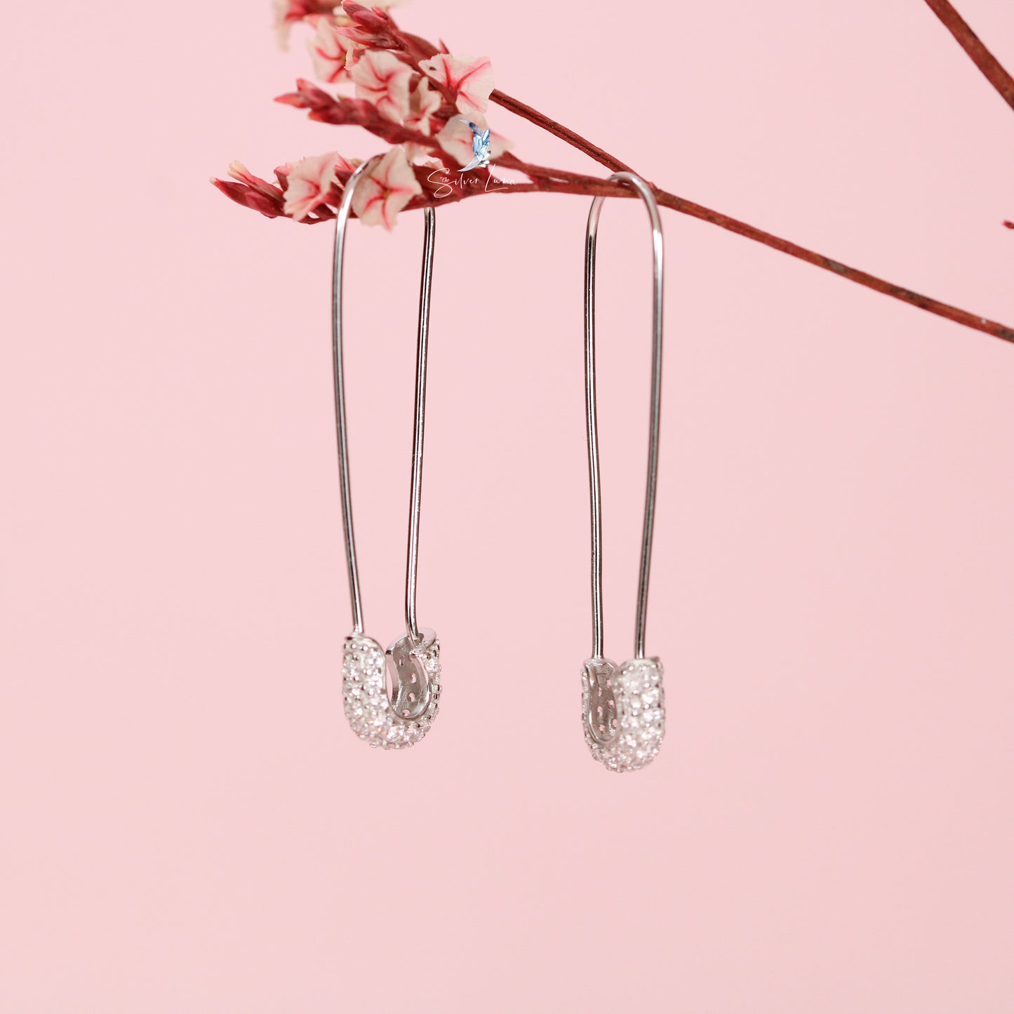 CZ sterling silver safety pin dangle drop earrings