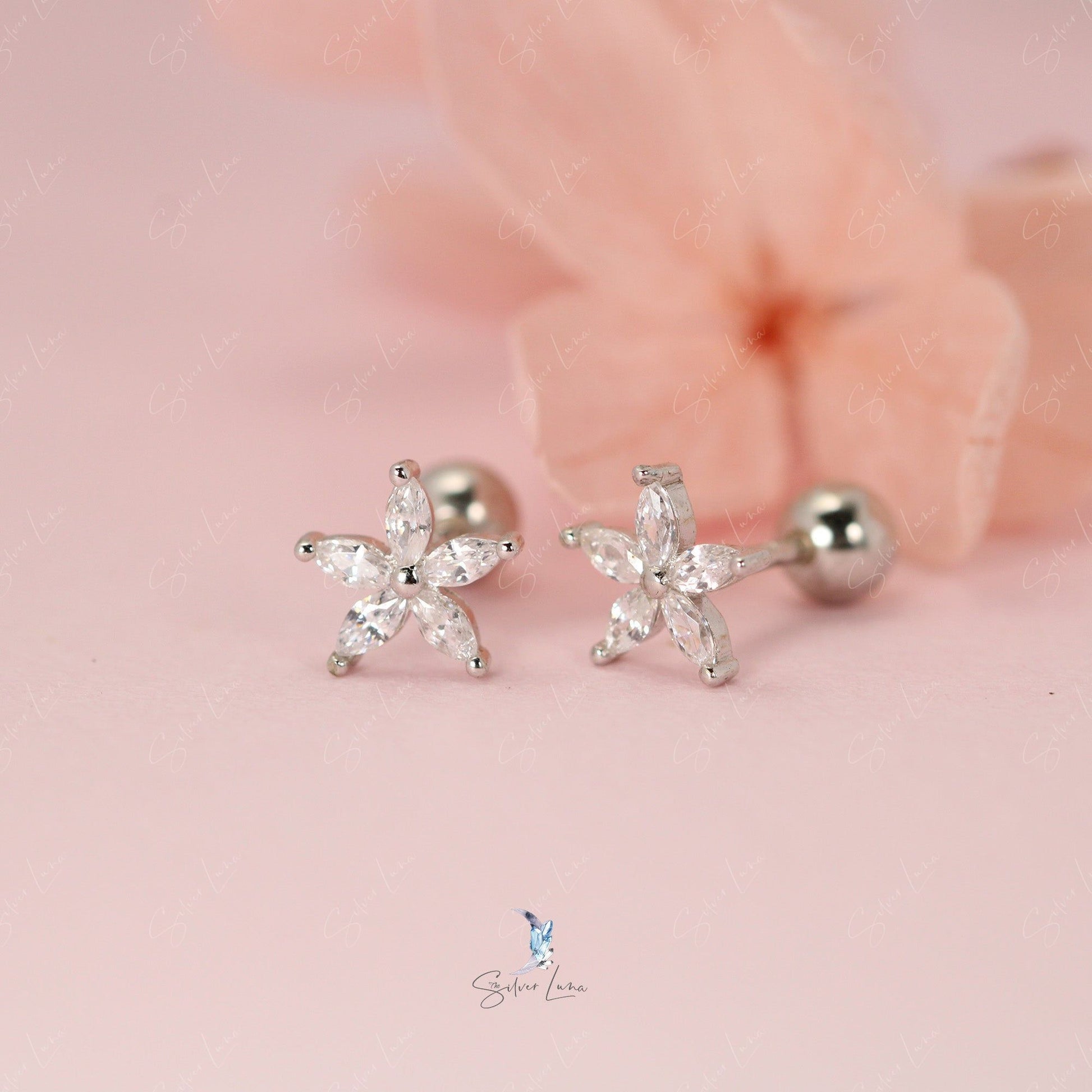 silver flower CZ stud earrings