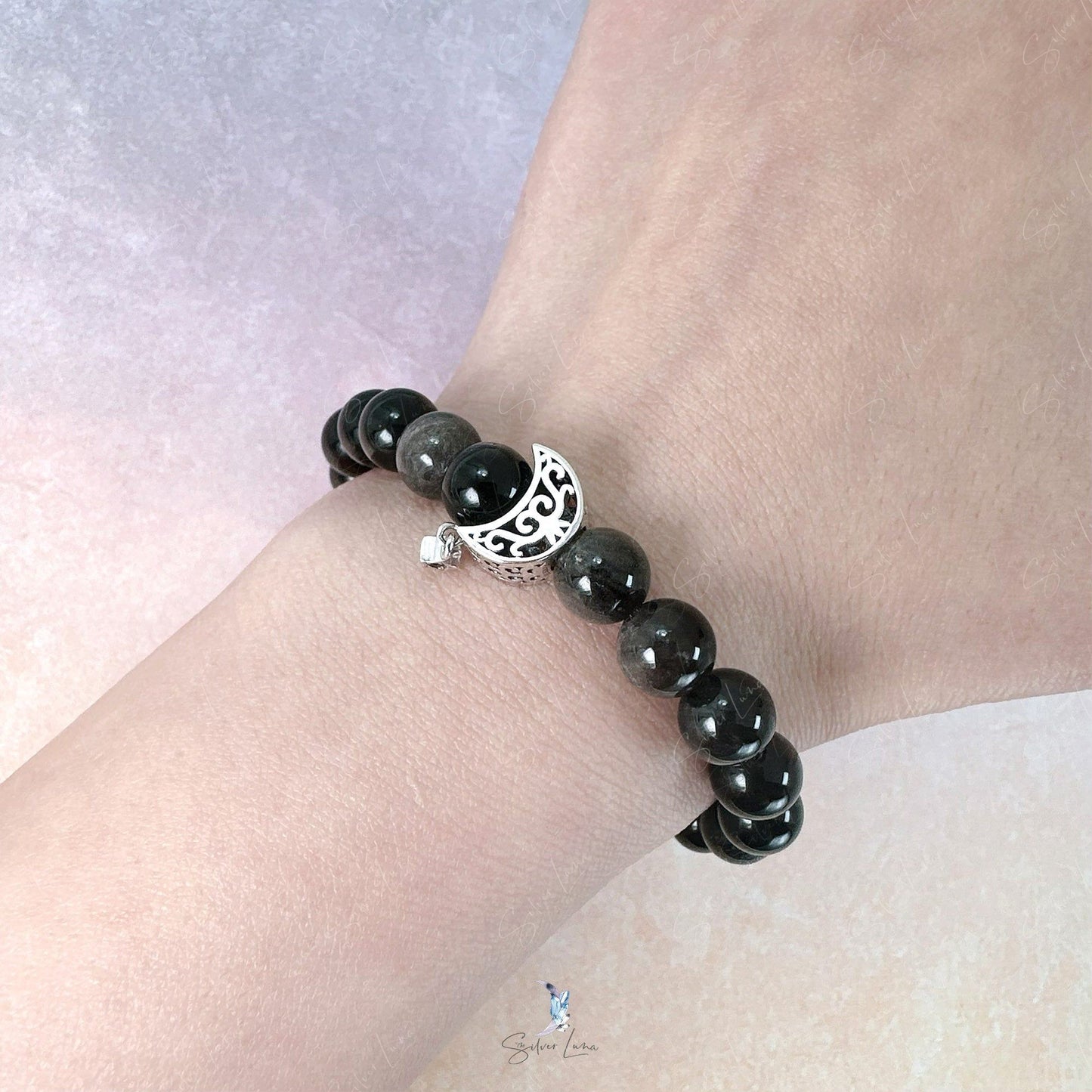 moon charm obsidian beaded bracelet