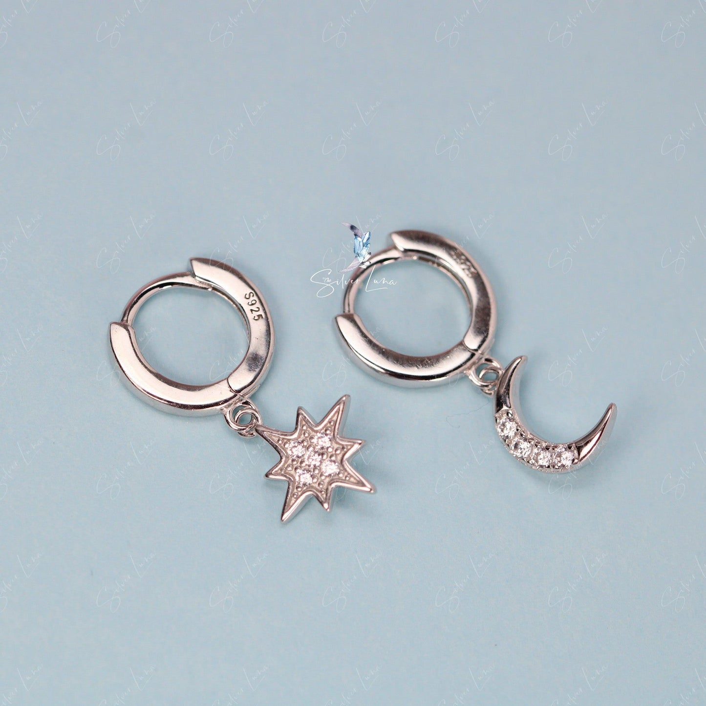 Moon and star asymmetric hoop earrings