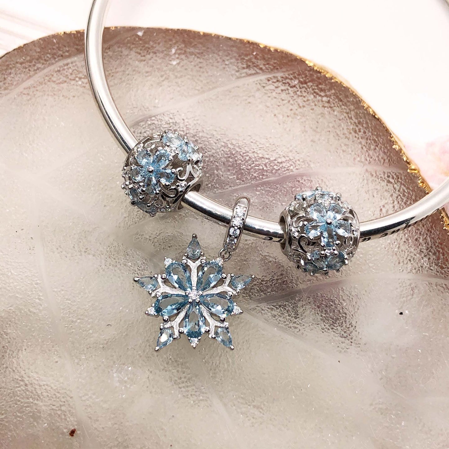 Set of 3 snowflake sterling silver charms for bracelet