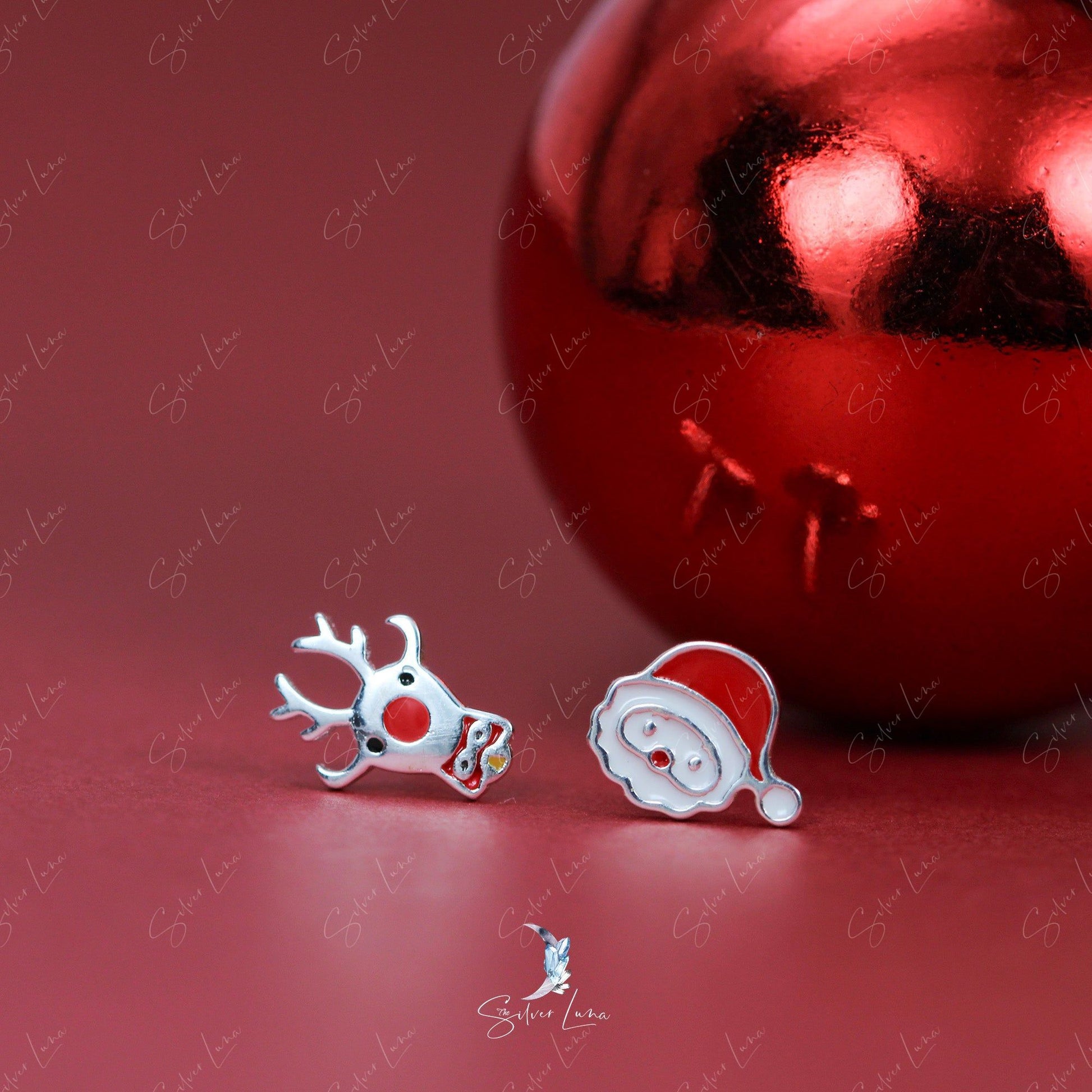 Santa Claus and reindeer sterling silver stud earrings