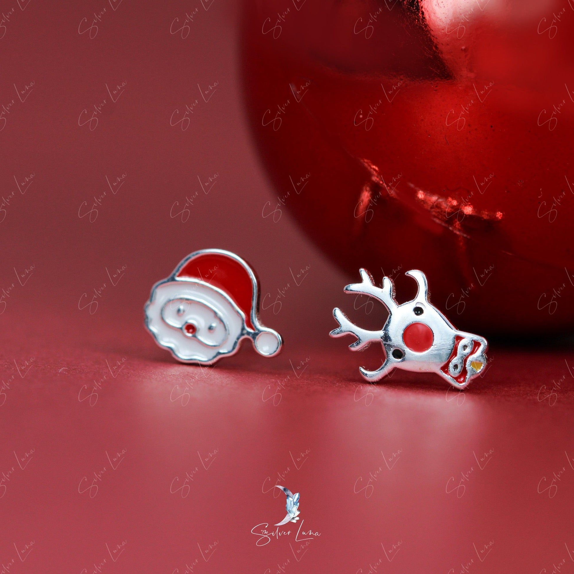 Santa Claus and reindeer sterling silver stud earrings