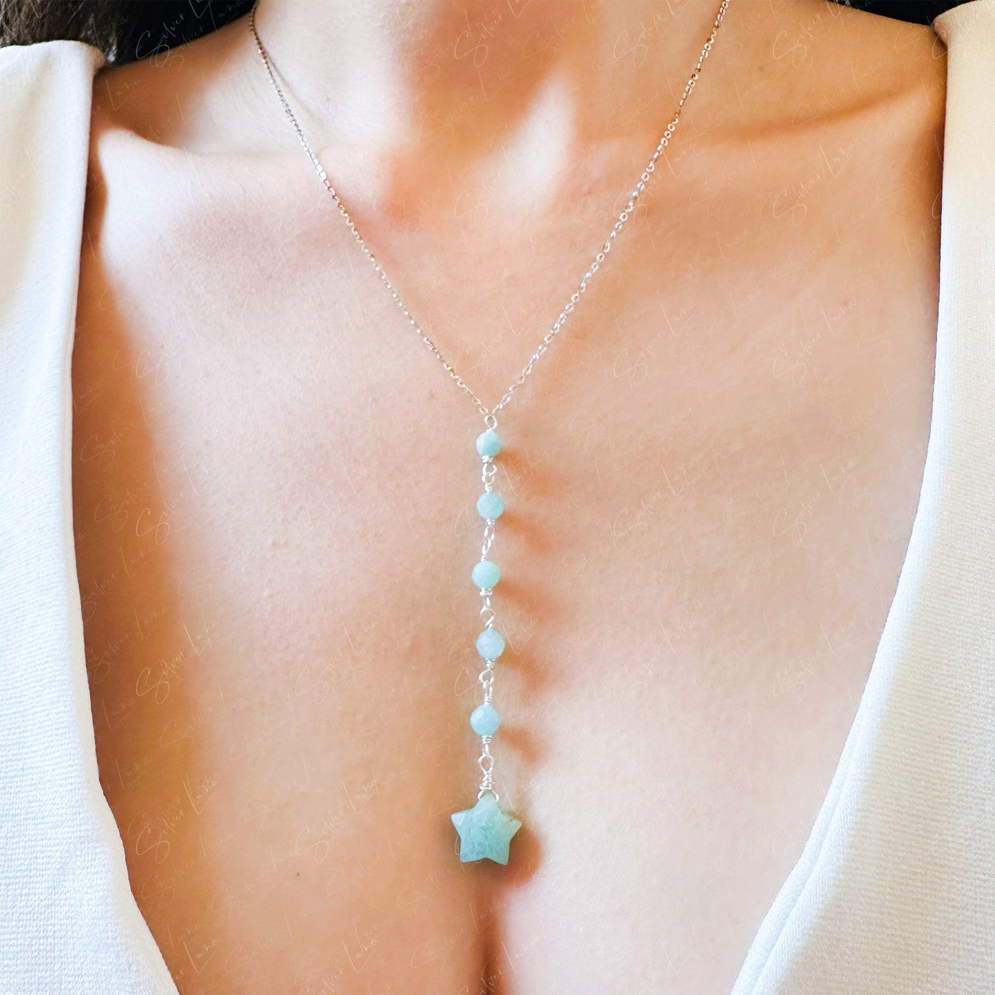 Natural star Amazonite lariat pendant necklace