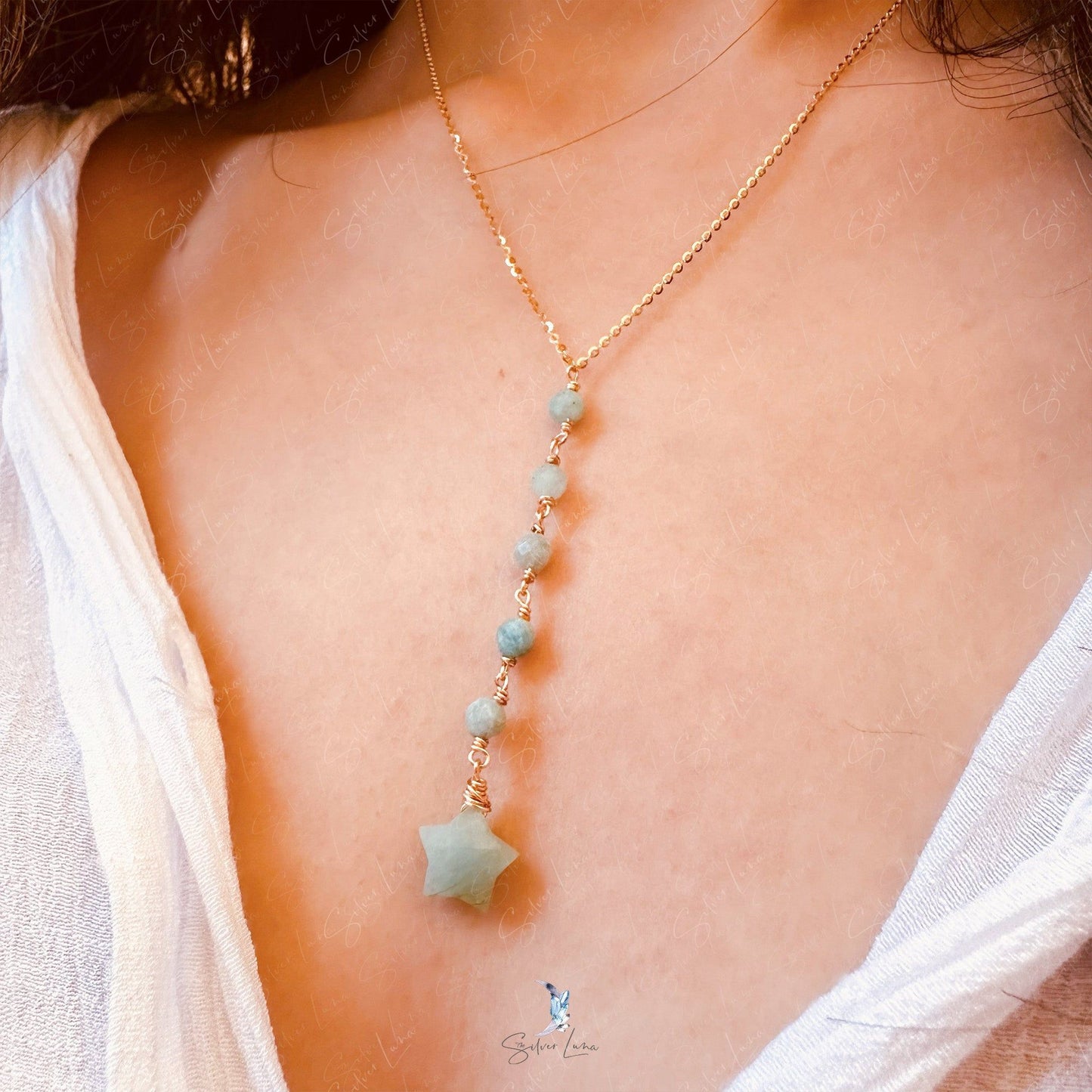 Natural star Amazonite lariat pendant necklace