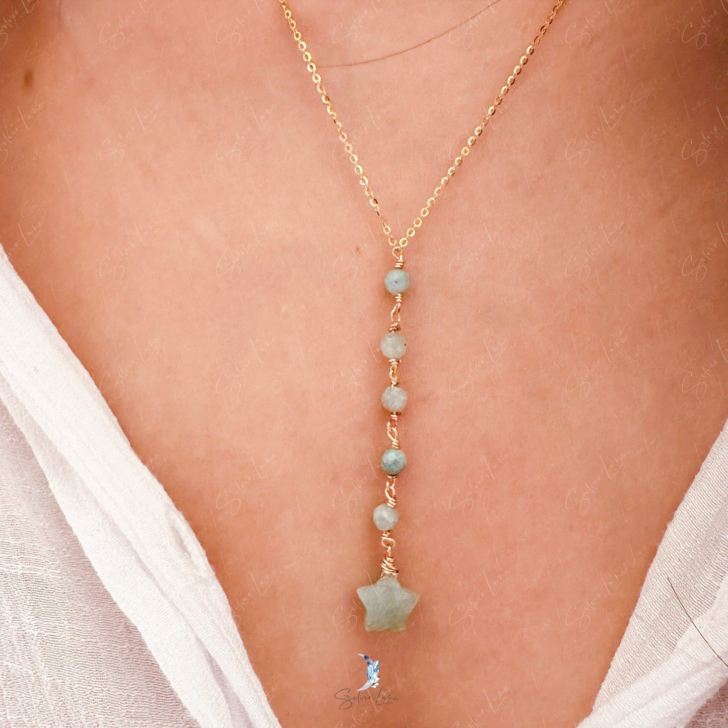 Natural star Amazonite lariat pendant necklace