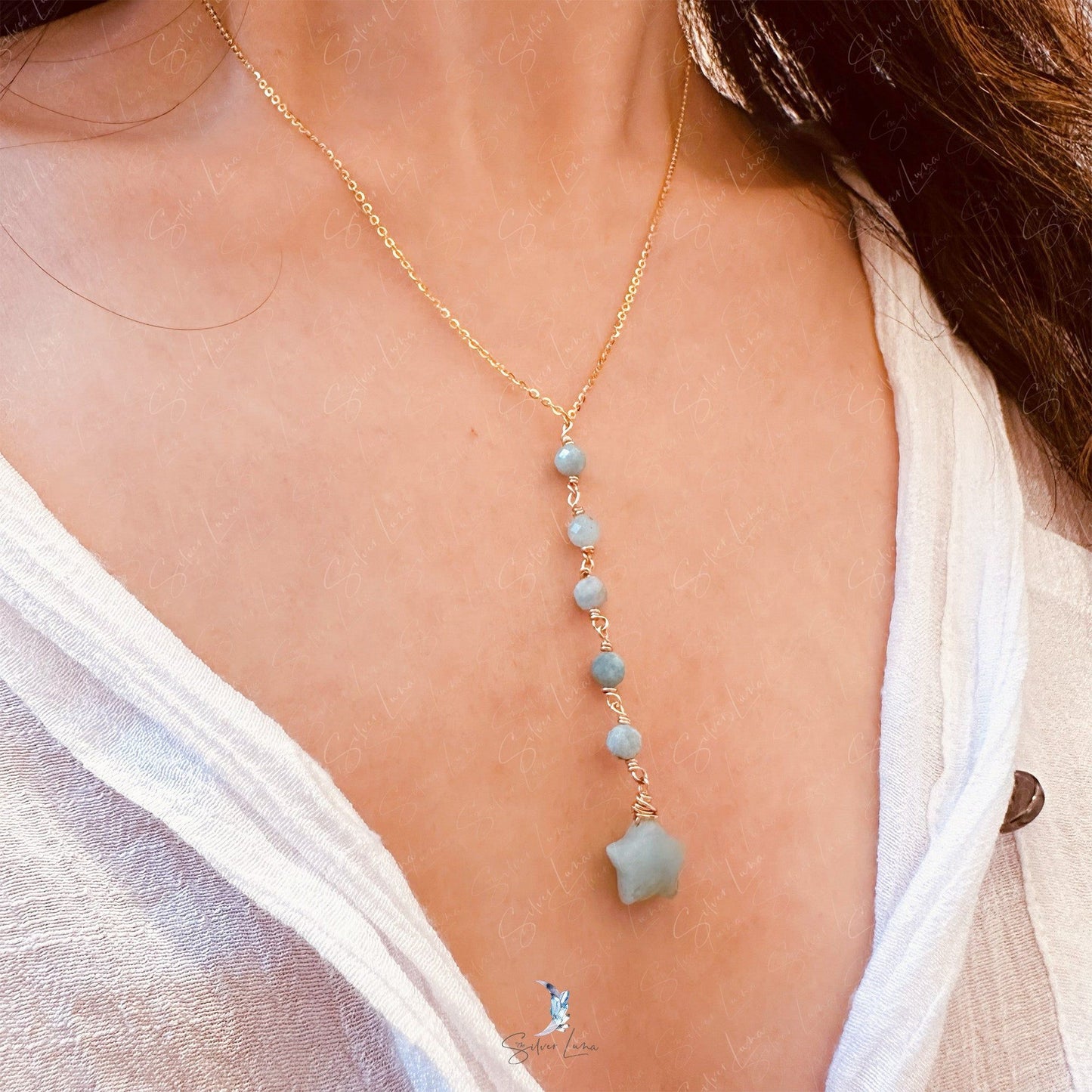 Natural star Amazonite lariat pendant necklace