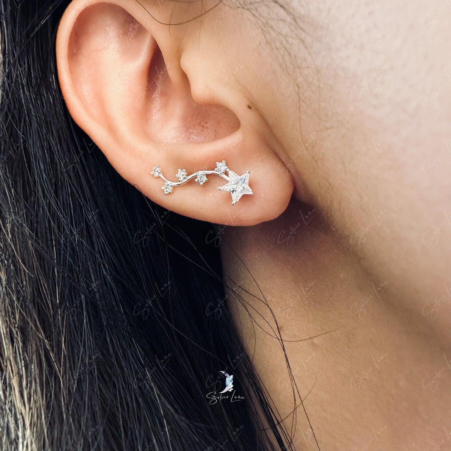 Shooting stars cubic zirconia ear climber stud earrings