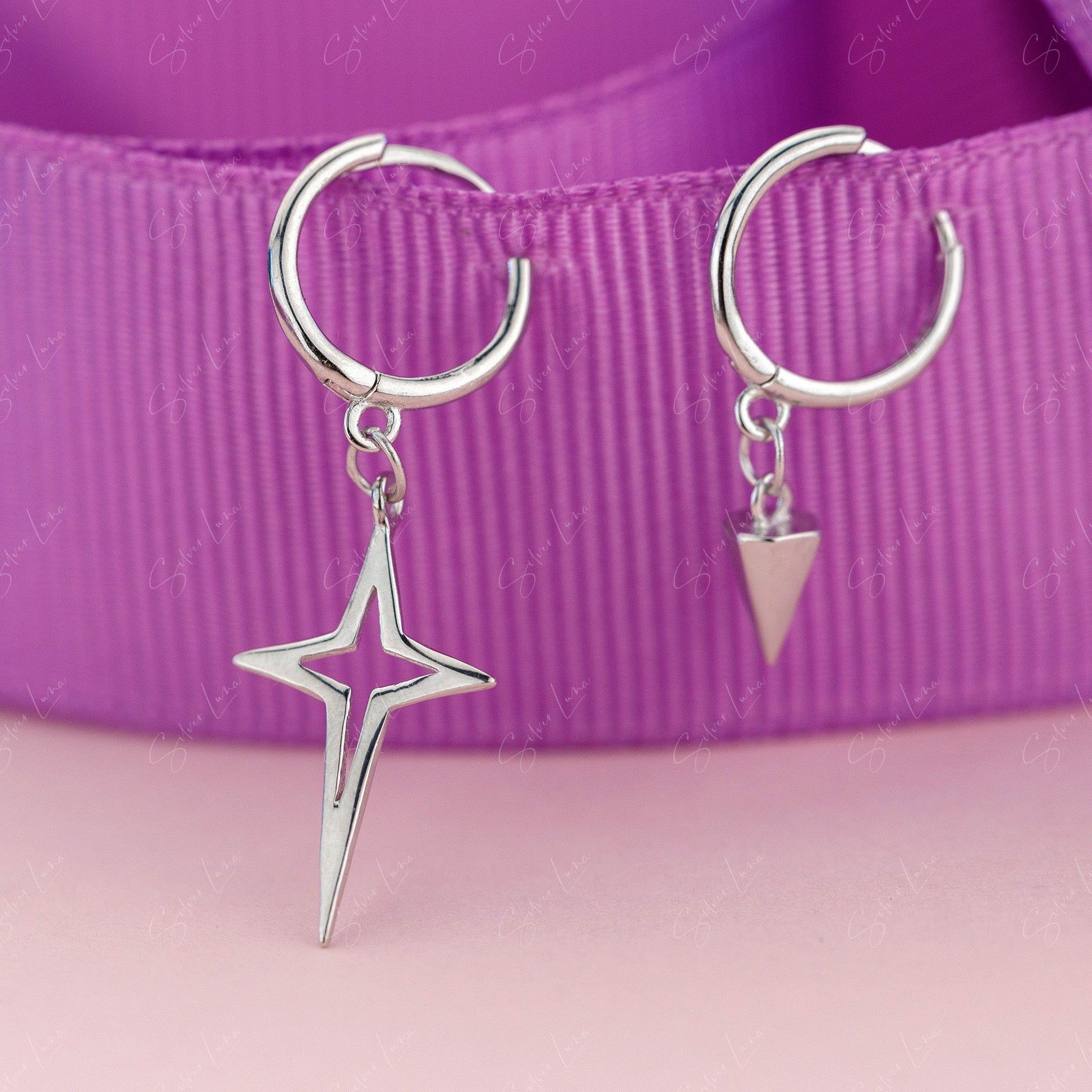 asymmetric star and cone hoop earrings