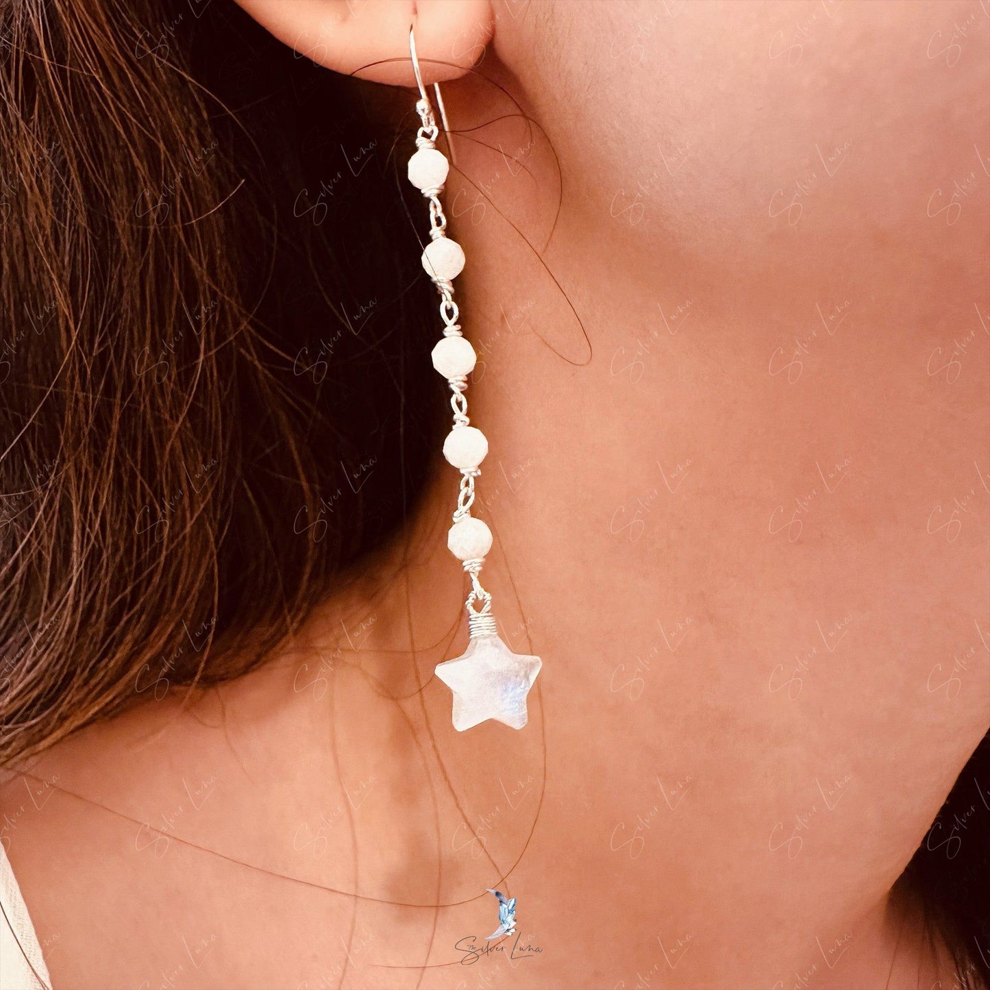 Star moonstone beaded sterling silver earrings