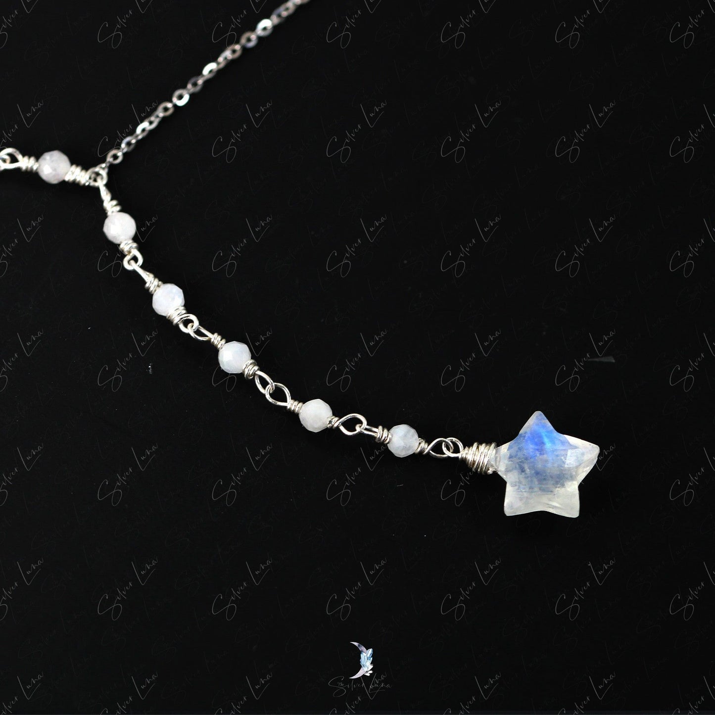 Rainbow moonstone star lariat necklace in sterling silver