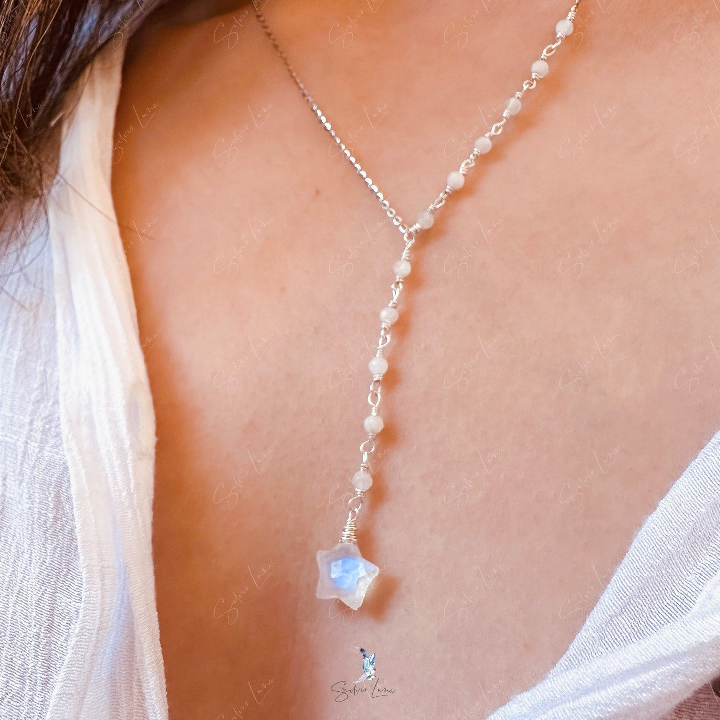 rainbow star moonstone lariat necklace