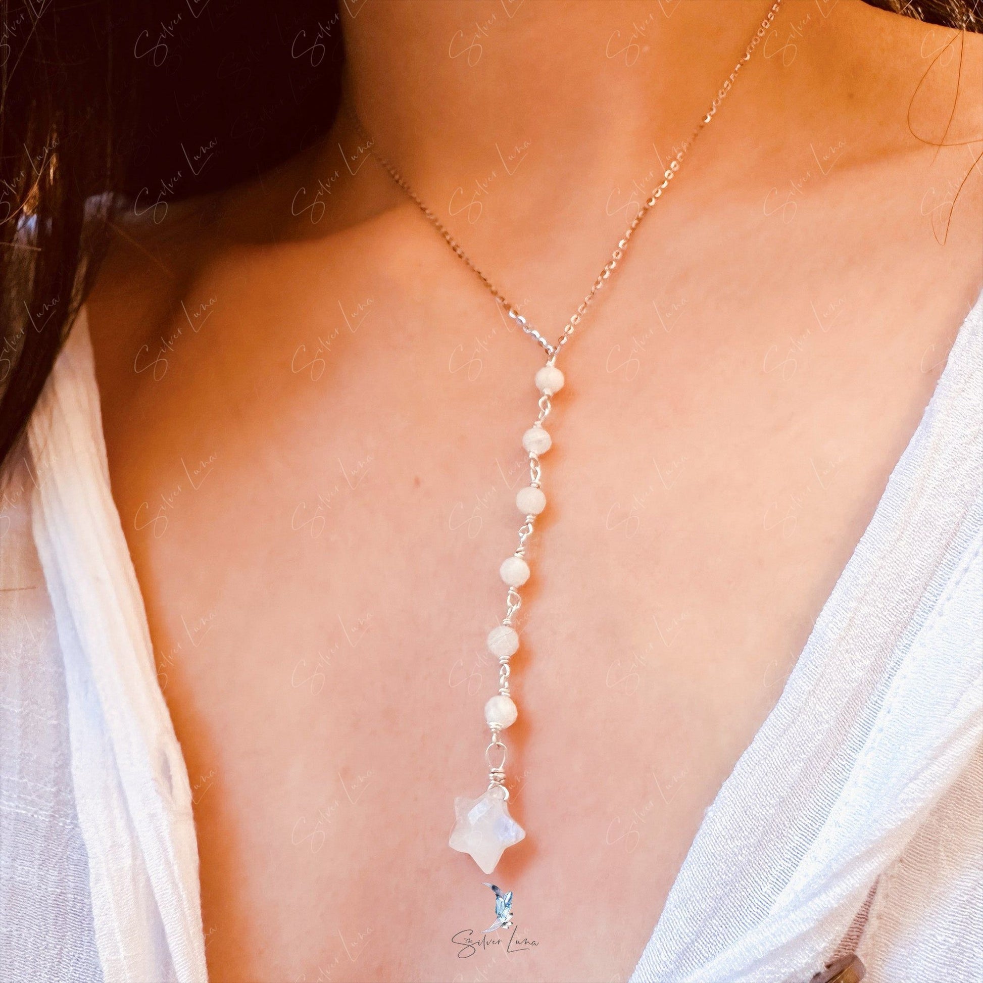 star moonstone lariat silver necklace