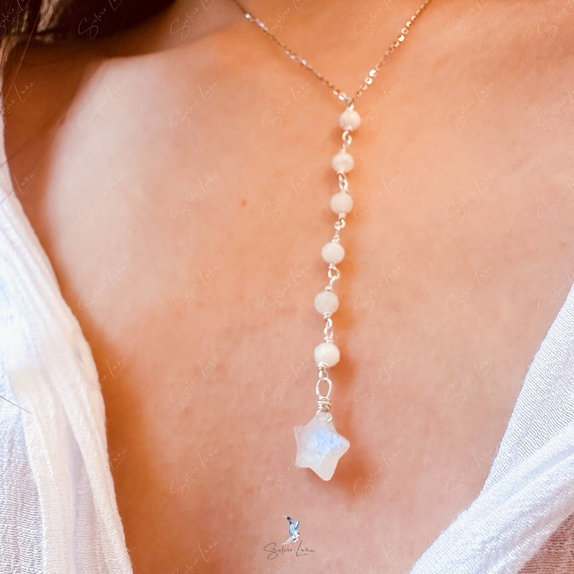 Star moonstone lariat beaded necklace