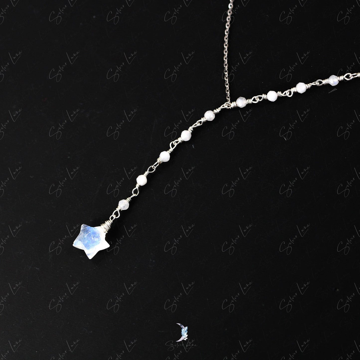 Rainbow moonstone star lariat necklace in sterling silver