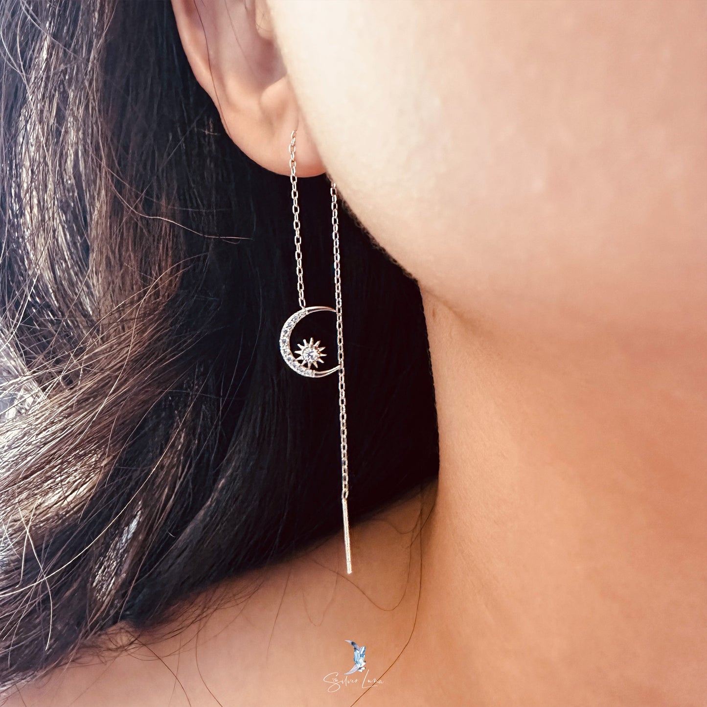 sun and moon threader earrings