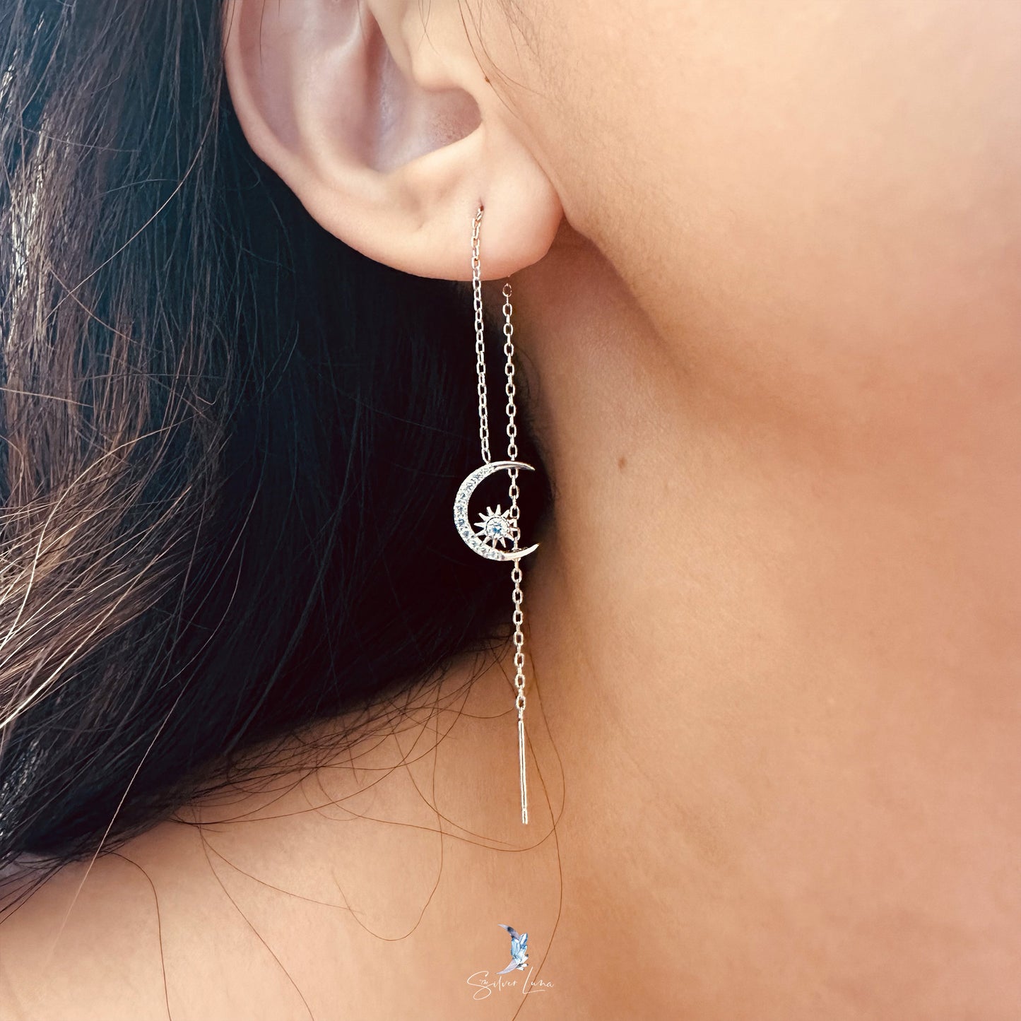 sun and moon threader earrings