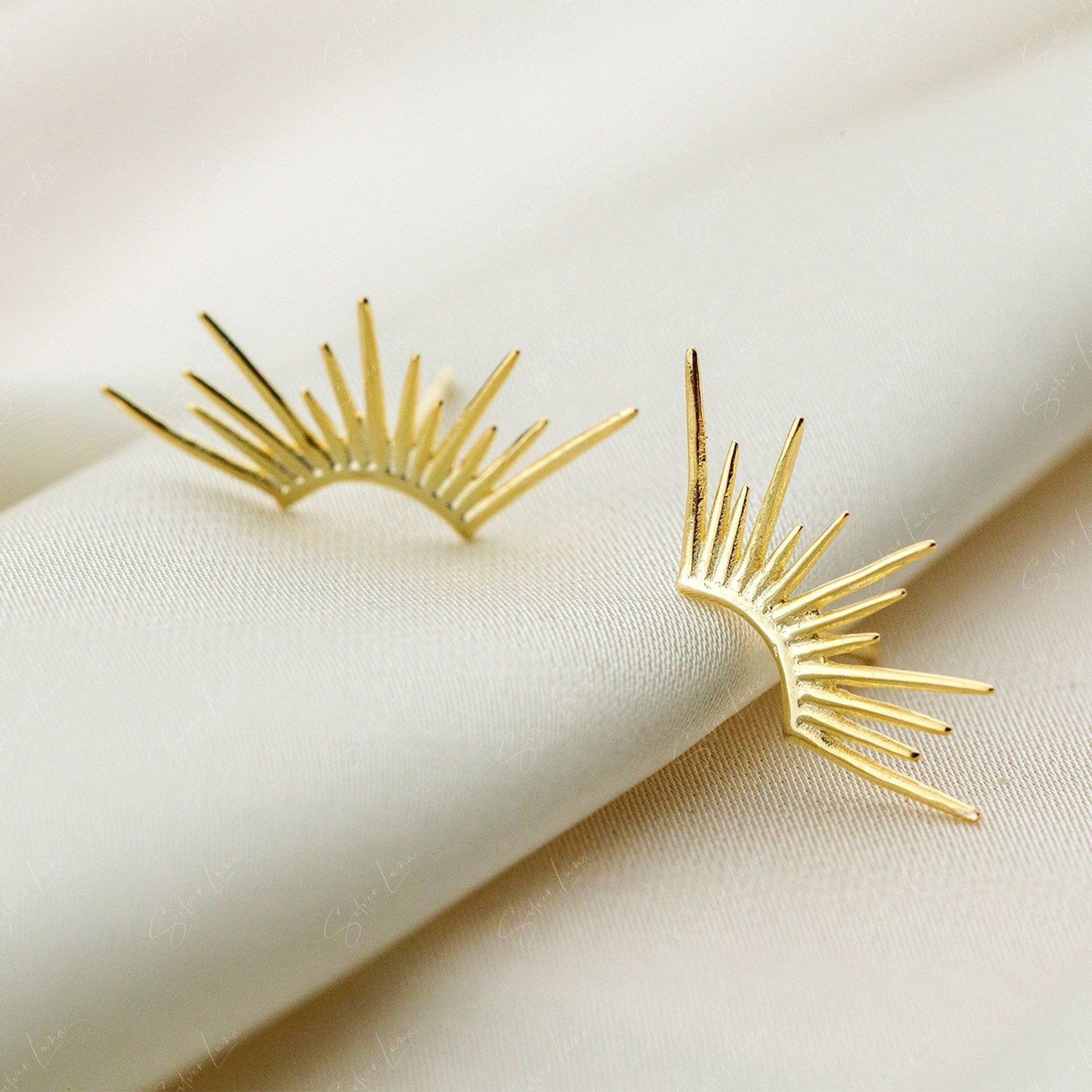 Bohemian Sun Ray Sterling Silver Stud Earrings Gold