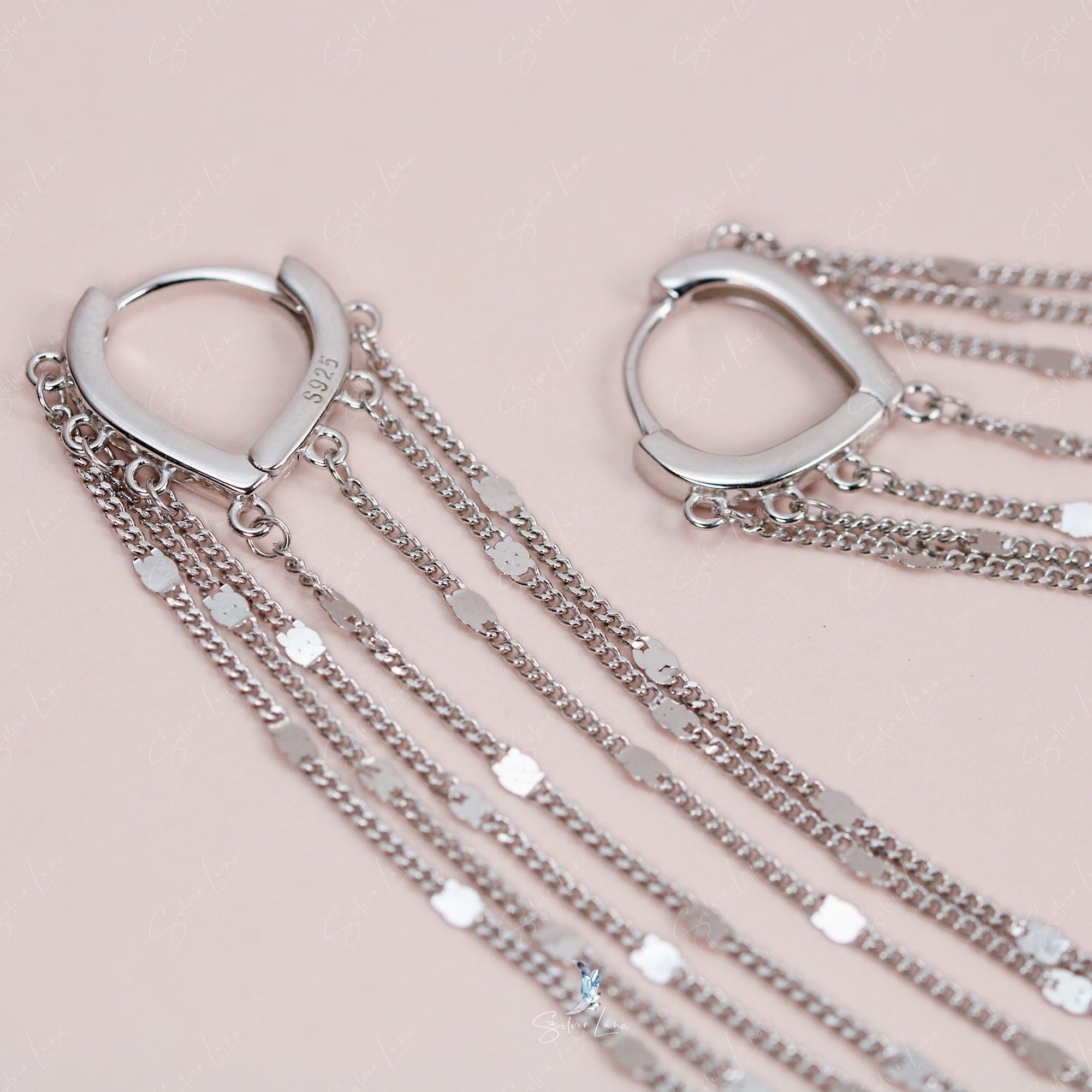 Sparkling long silver chains hoop earrings – The Silver Luna