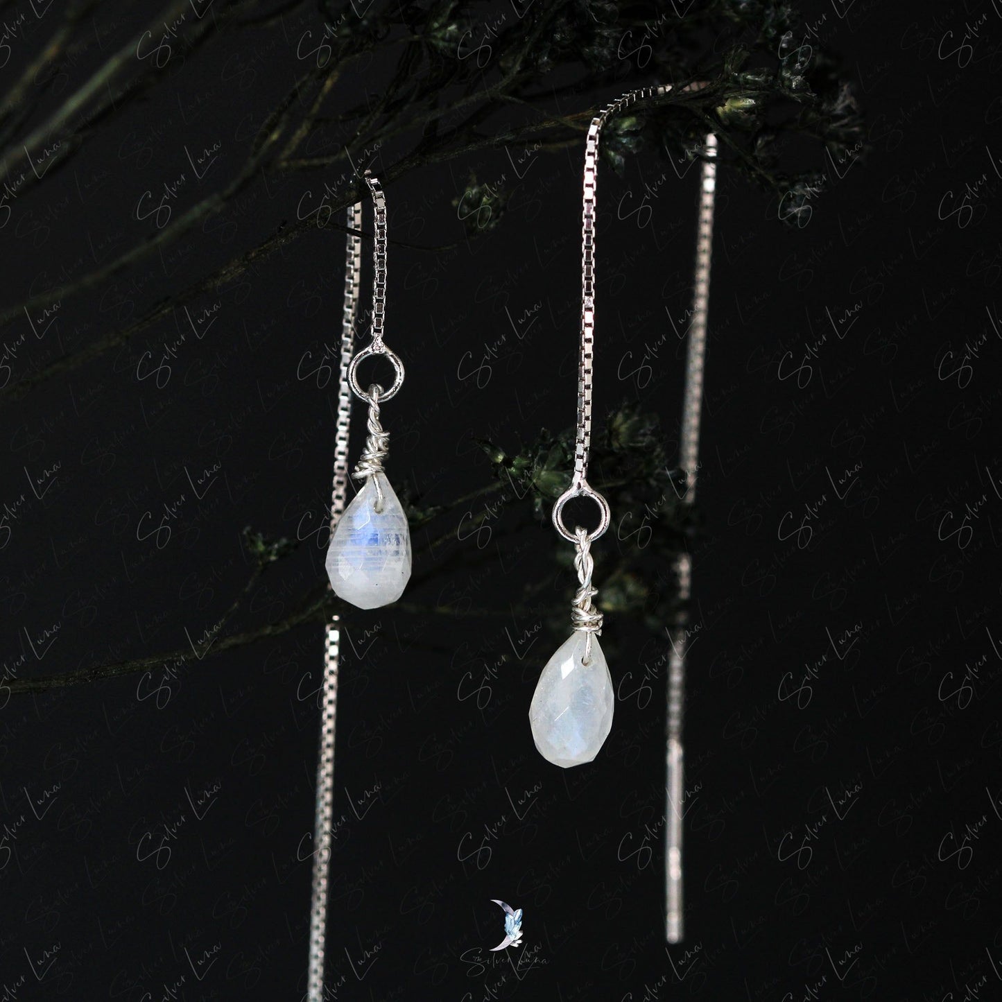 Teardrop moonstone ear threader earrings