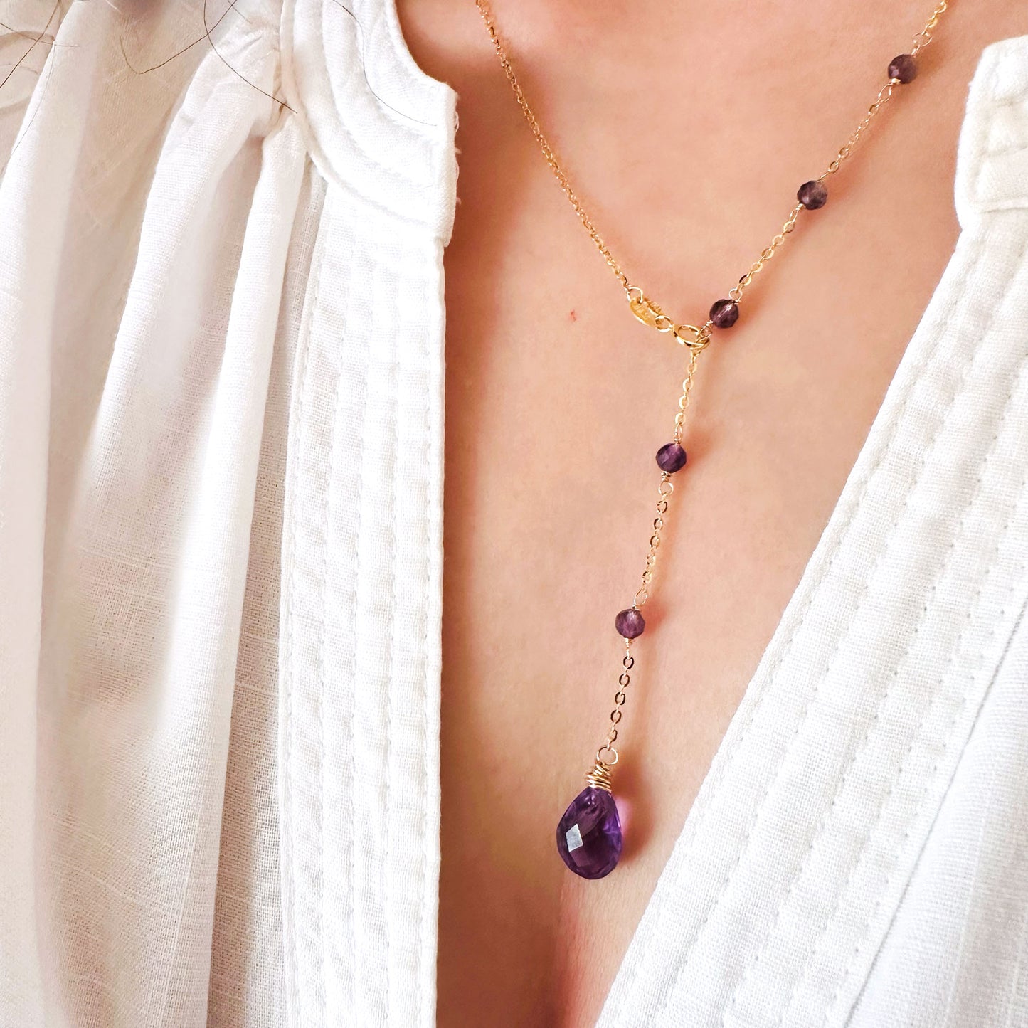 teardrop Amethyst lariat necklace