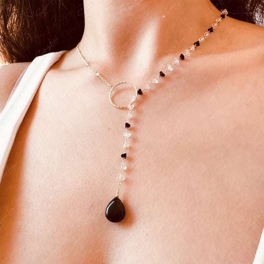 Teardrop black agate asymmetric bead chain Lariat necklace